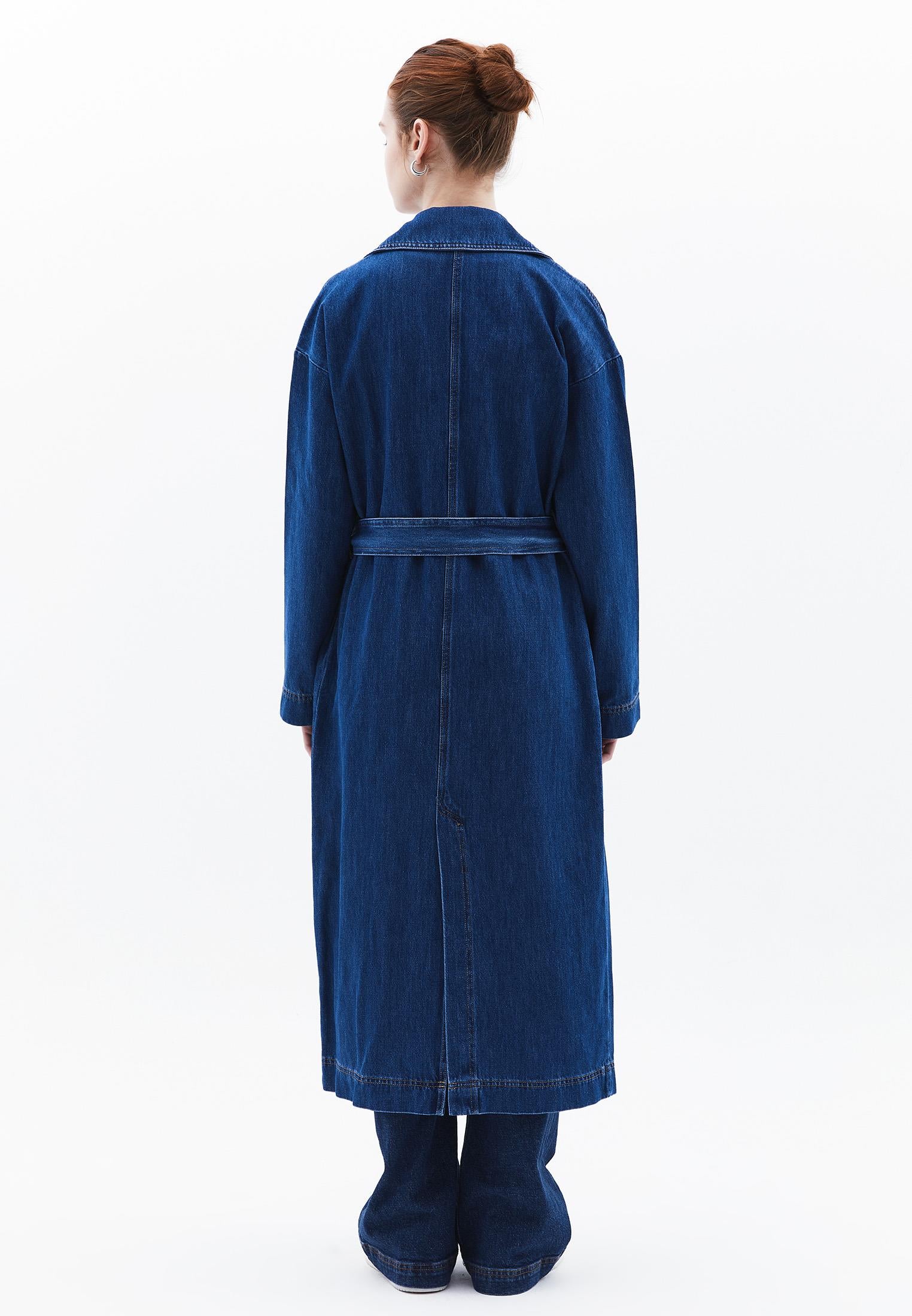 Oversize Long Denim Wrap Coat - MID DENIM