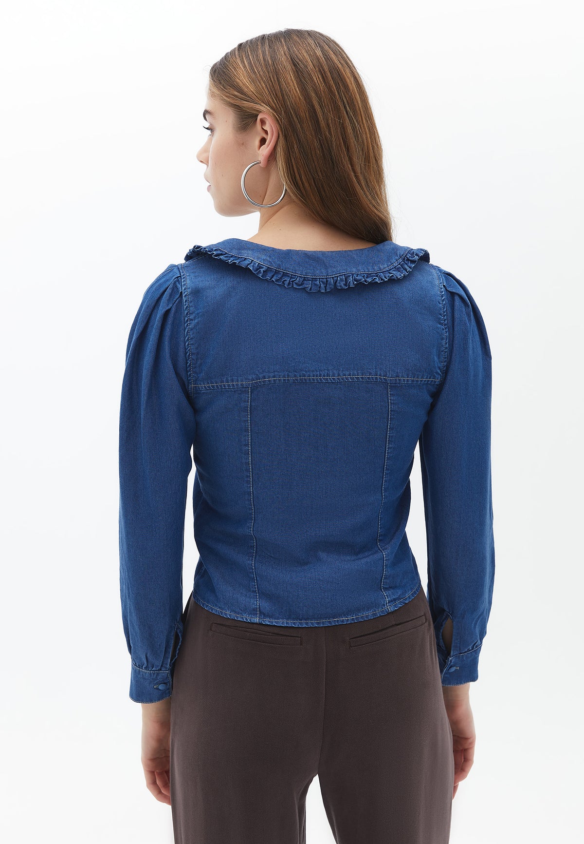 Deep Neck Ruffled Long Sleeve Blouse - MID DENIM