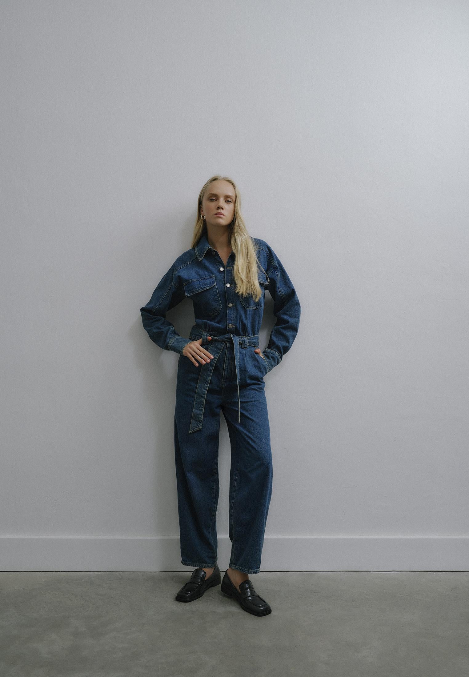 Women Denim Standard Jumpsuit - MID GREEN DENIM