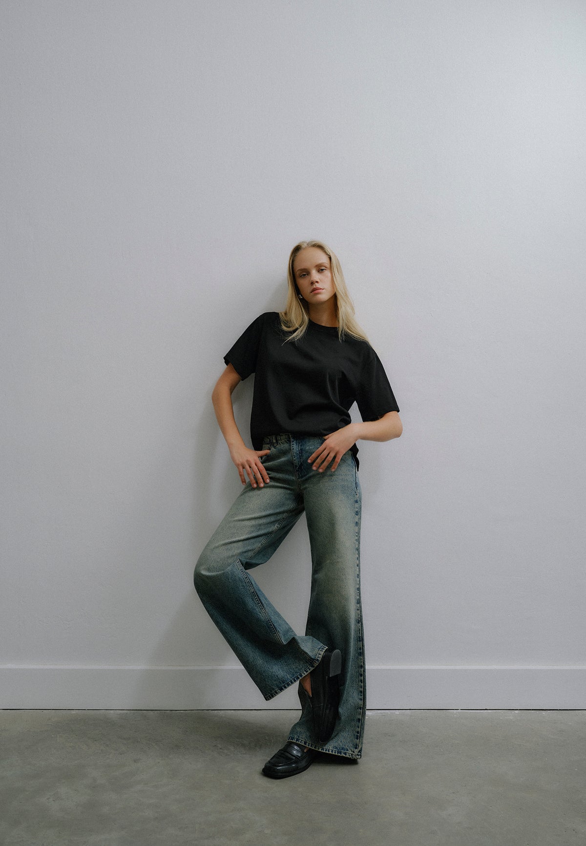 Wide Leg High Waist Pants - MID GREEN DENIM
