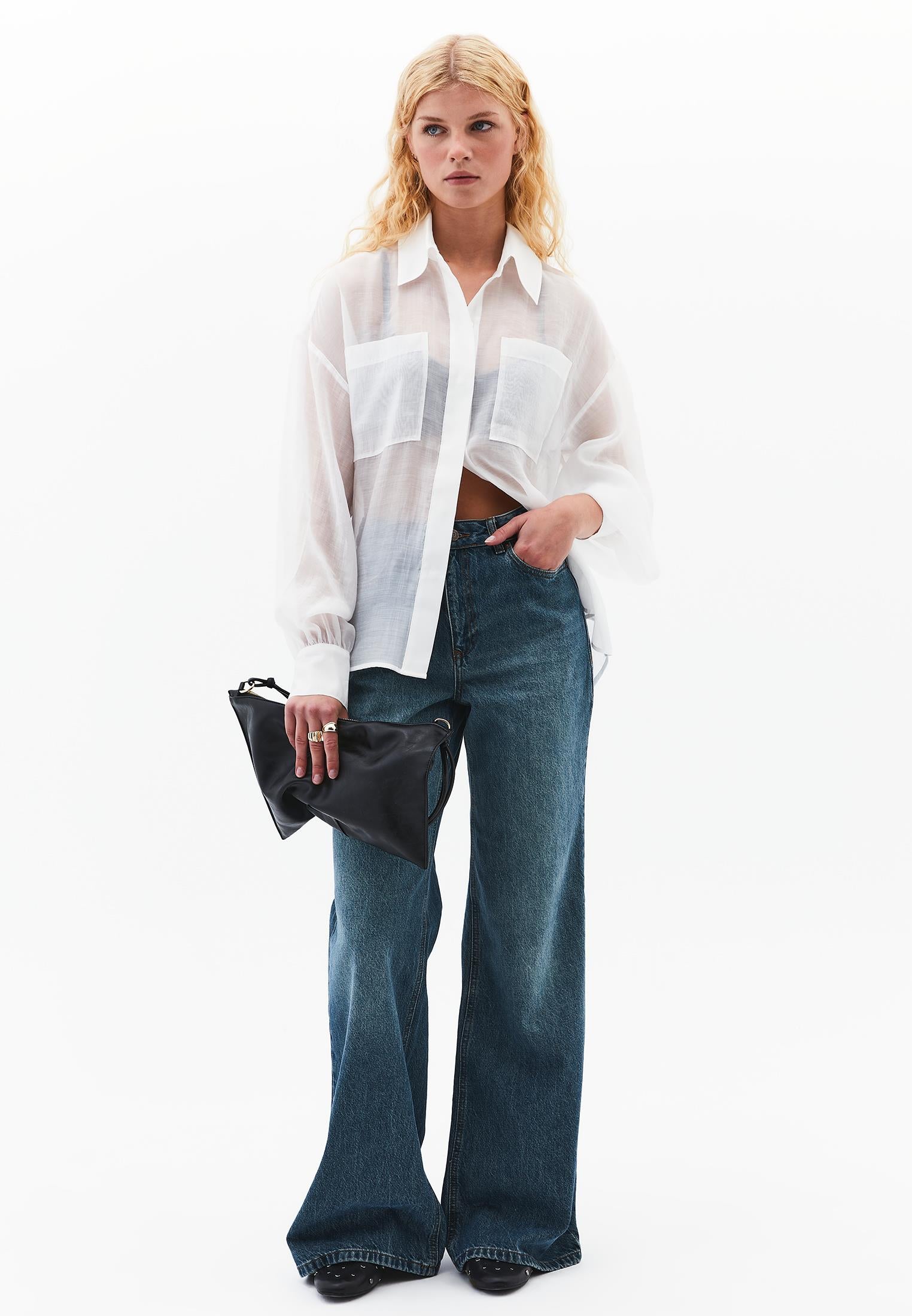 Trousers With Pockets High Waist Wide Leg - MID GREEN DENIM