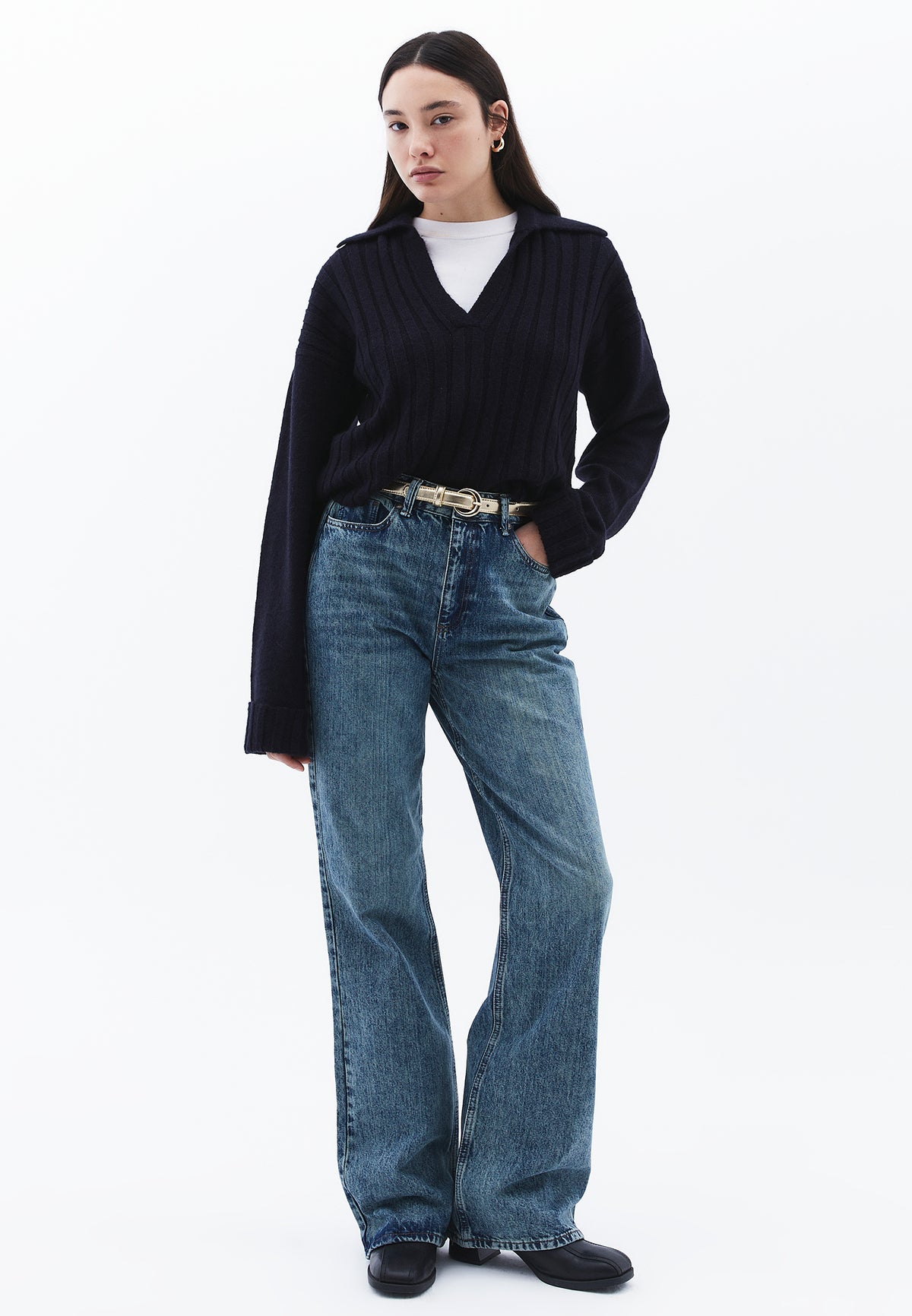 Five Pocket Straight Leg Ultra High Waist Pants - MID GREEN DENIM