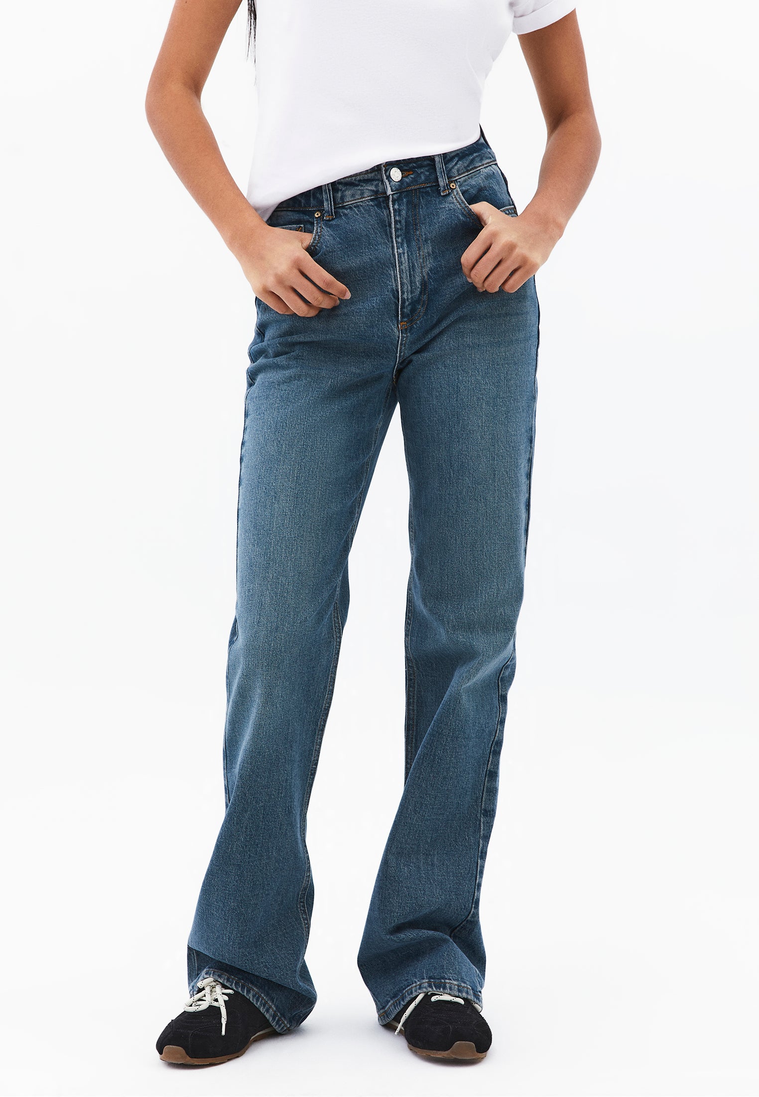 Ultra High Waist Five Pocket Straight Leg Pants - MID GREEN DENIM