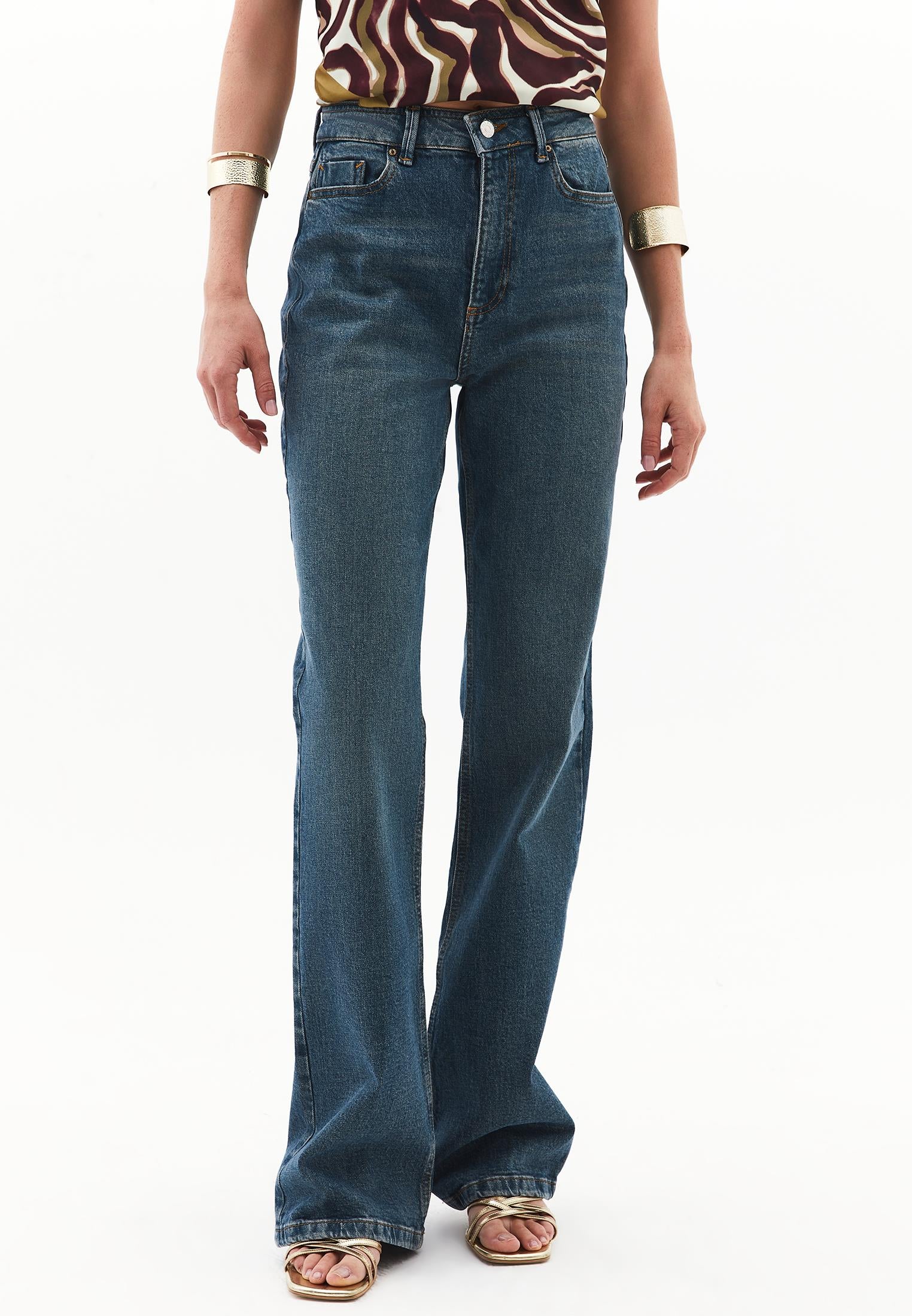 Ultra High Waist Straight Leg Denim Pants - MID GREEN DENIM