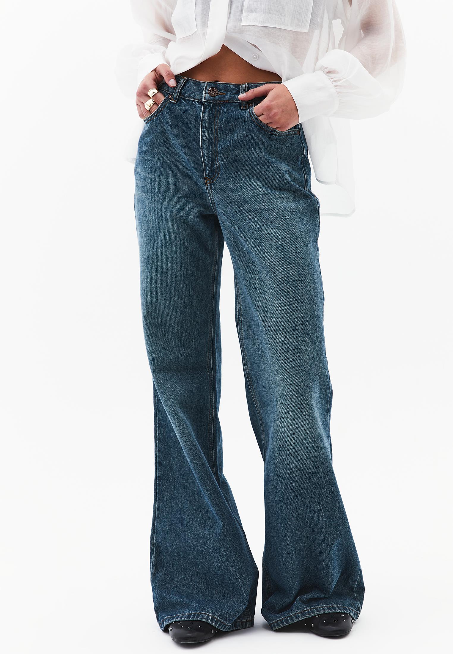 Trousers With Pockets High Waist Wide Leg - MID GREEN DENIM