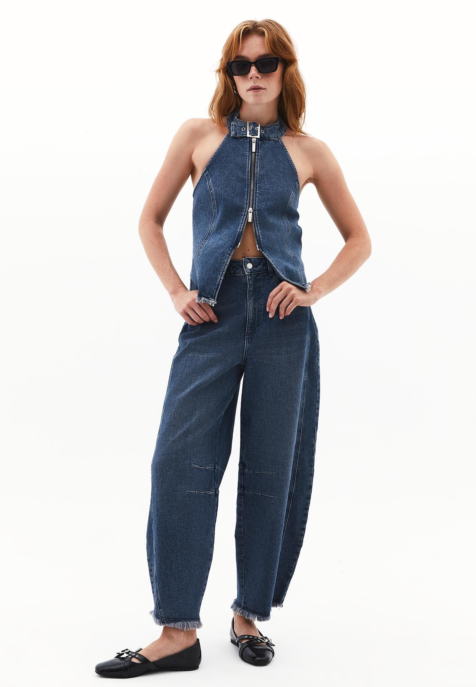 Halter Neck Zipper Detailed Standard Blouse - MID GREEN DENIM