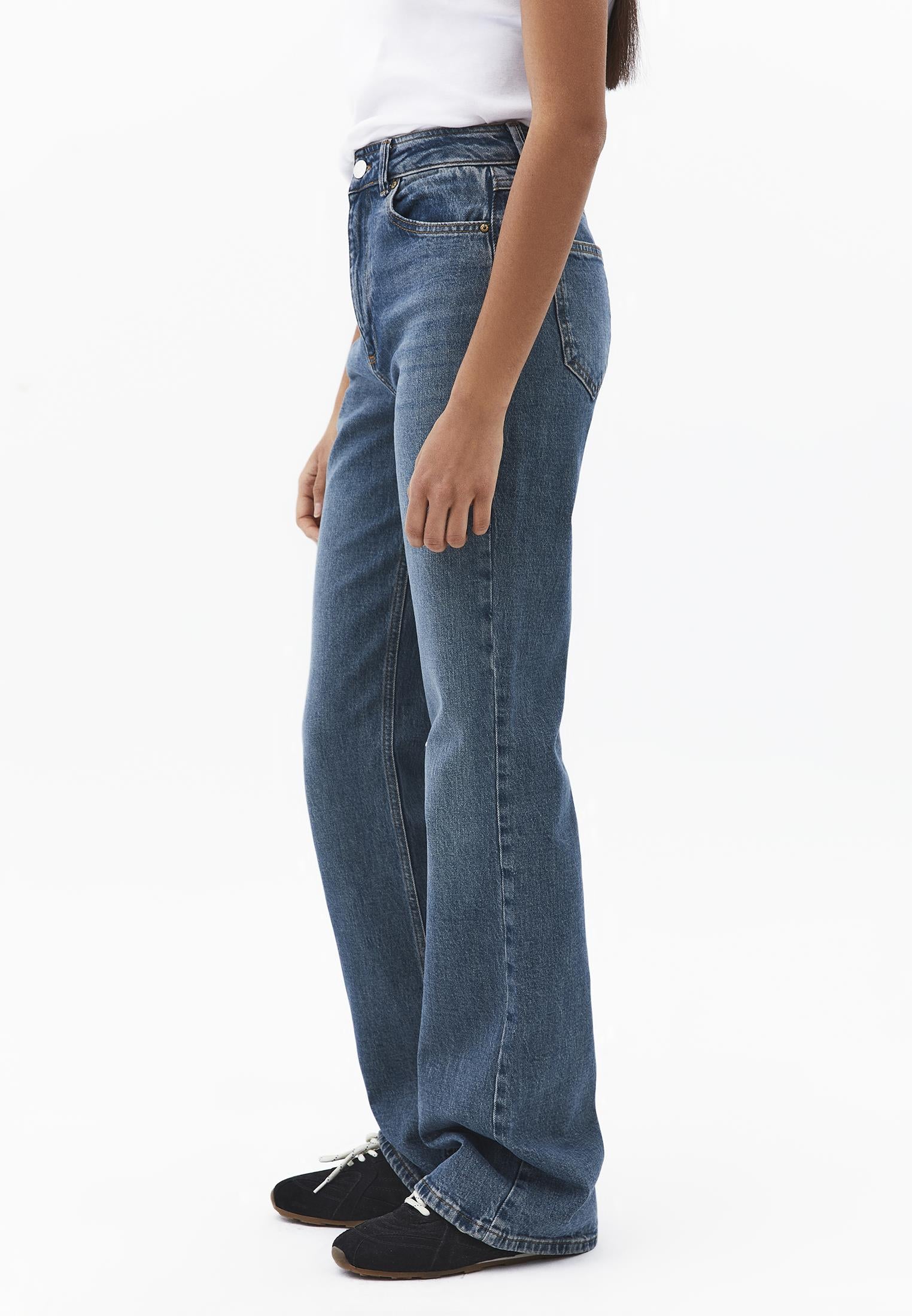 Ultra High Waist Five Pocket Straight Leg Pants - MID GREEN DENIM