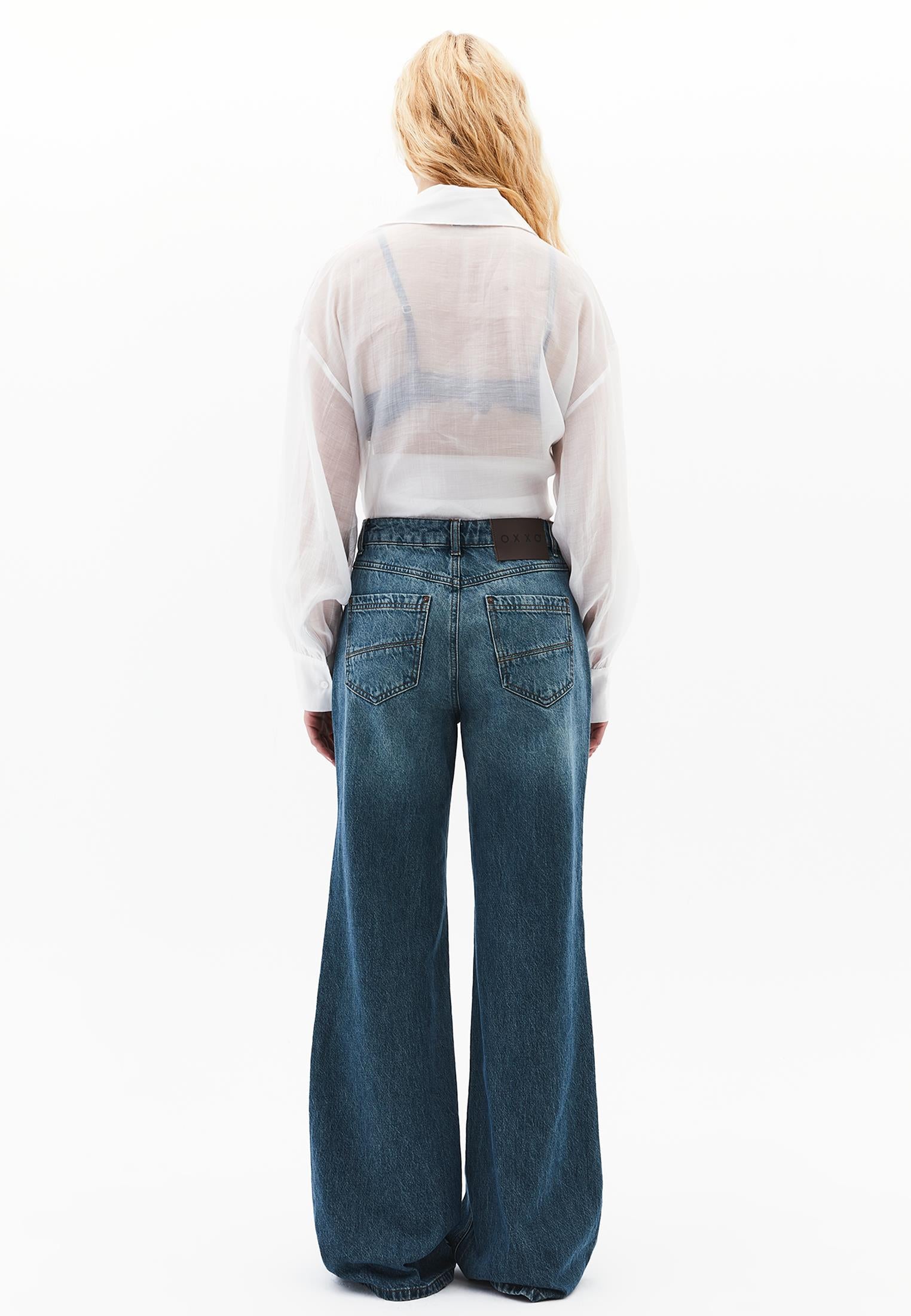 Trousers With Pockets High Waist Wide Leg - MID GREEN DENIM