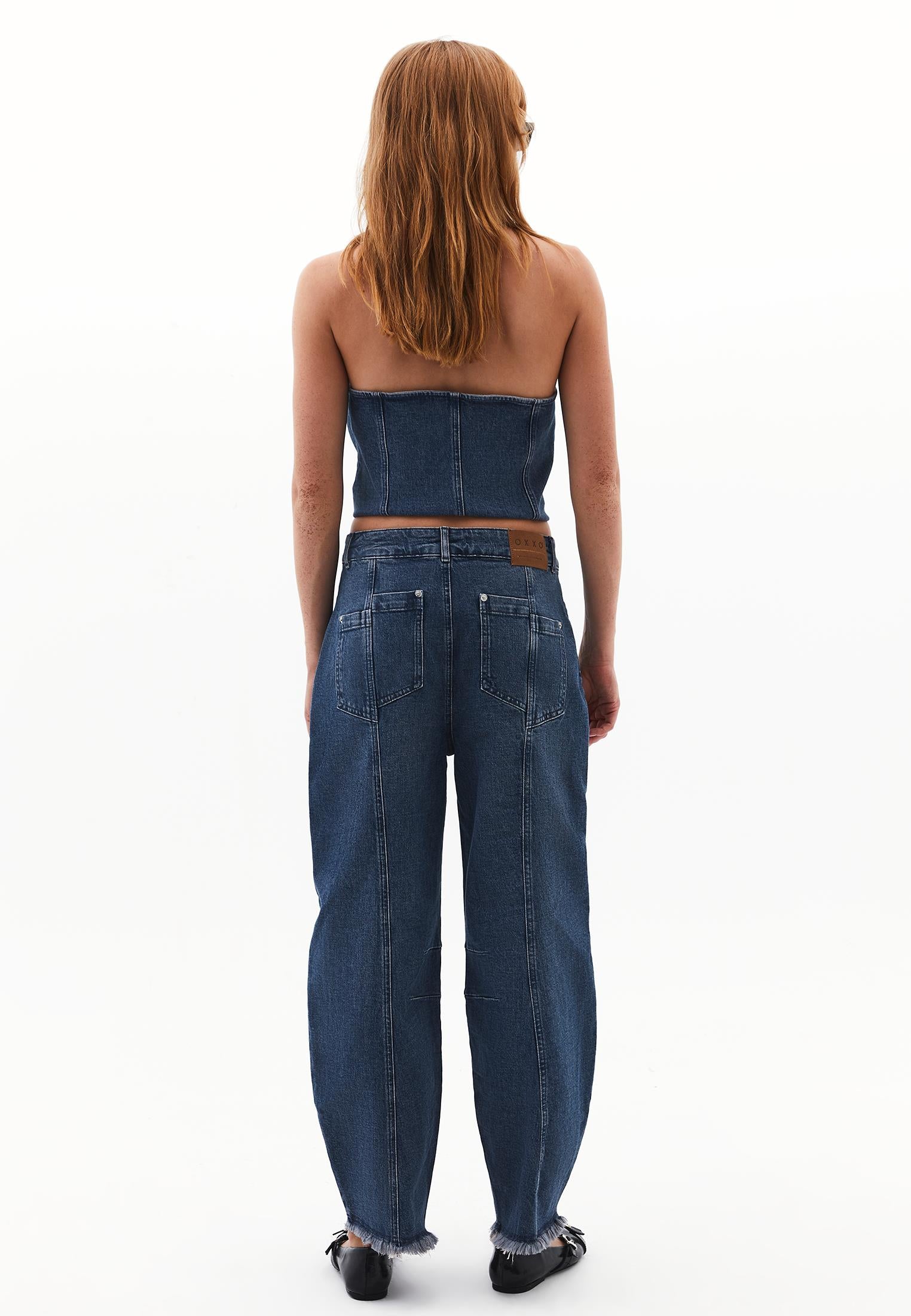 Ultra High Waist Barrel Leg Pants - MID GREEN DENIM