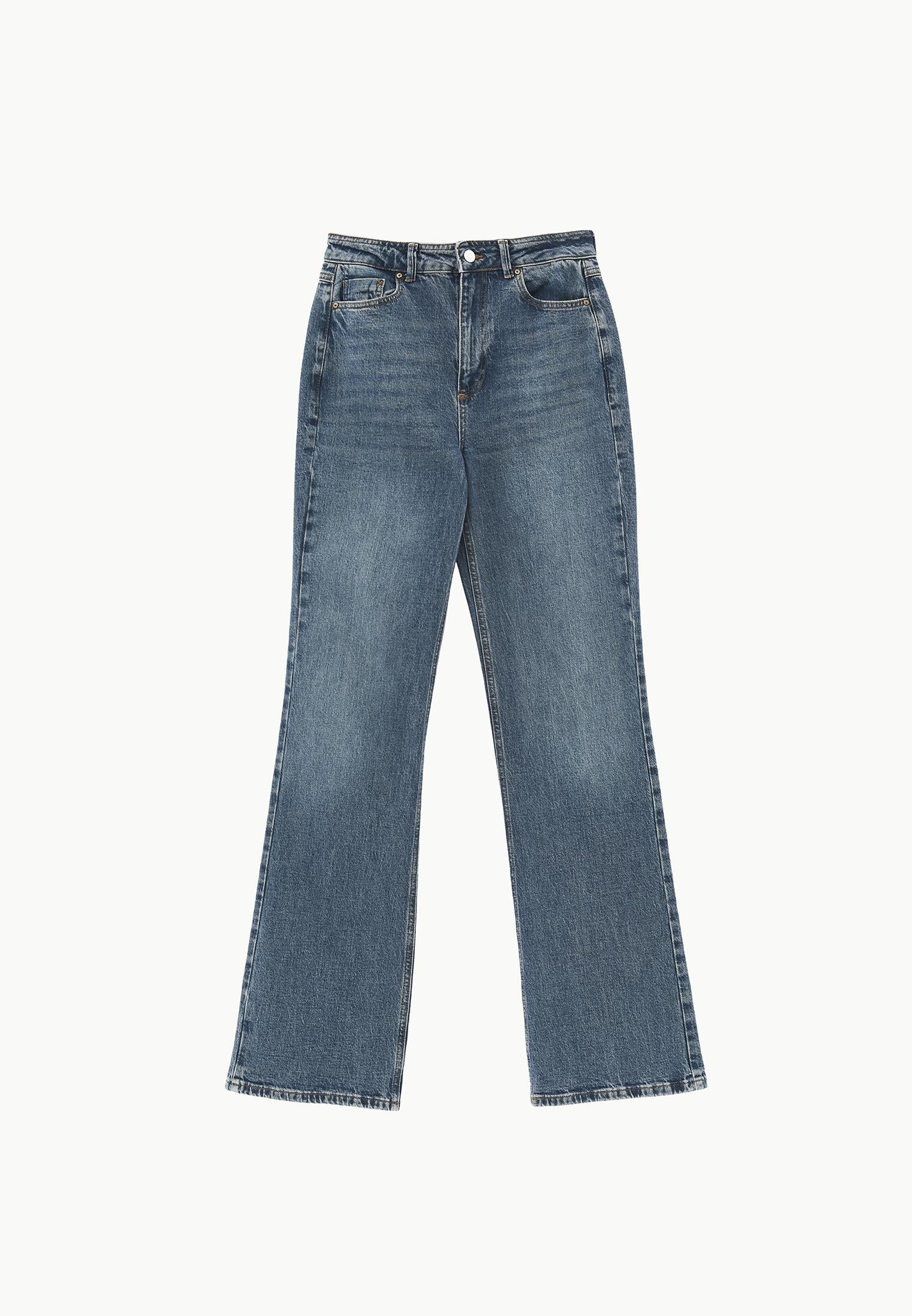 Ultra High Waist Five Pocket Straight Leg Pants - MID GREEN DENIM