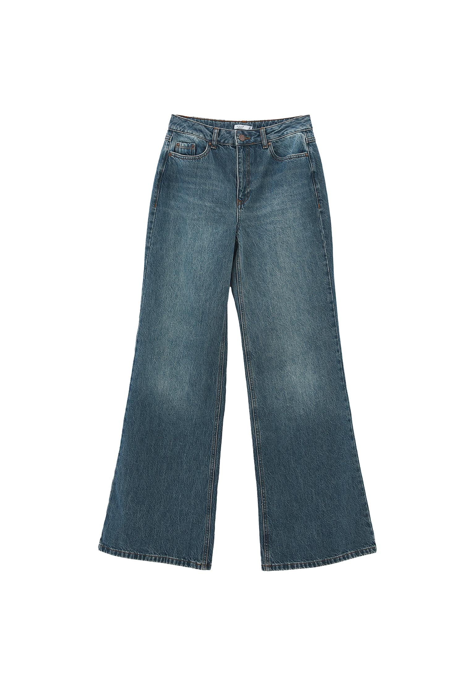 Trousers With Pockets High Waist Wide Leg - MID GREEN DENIM