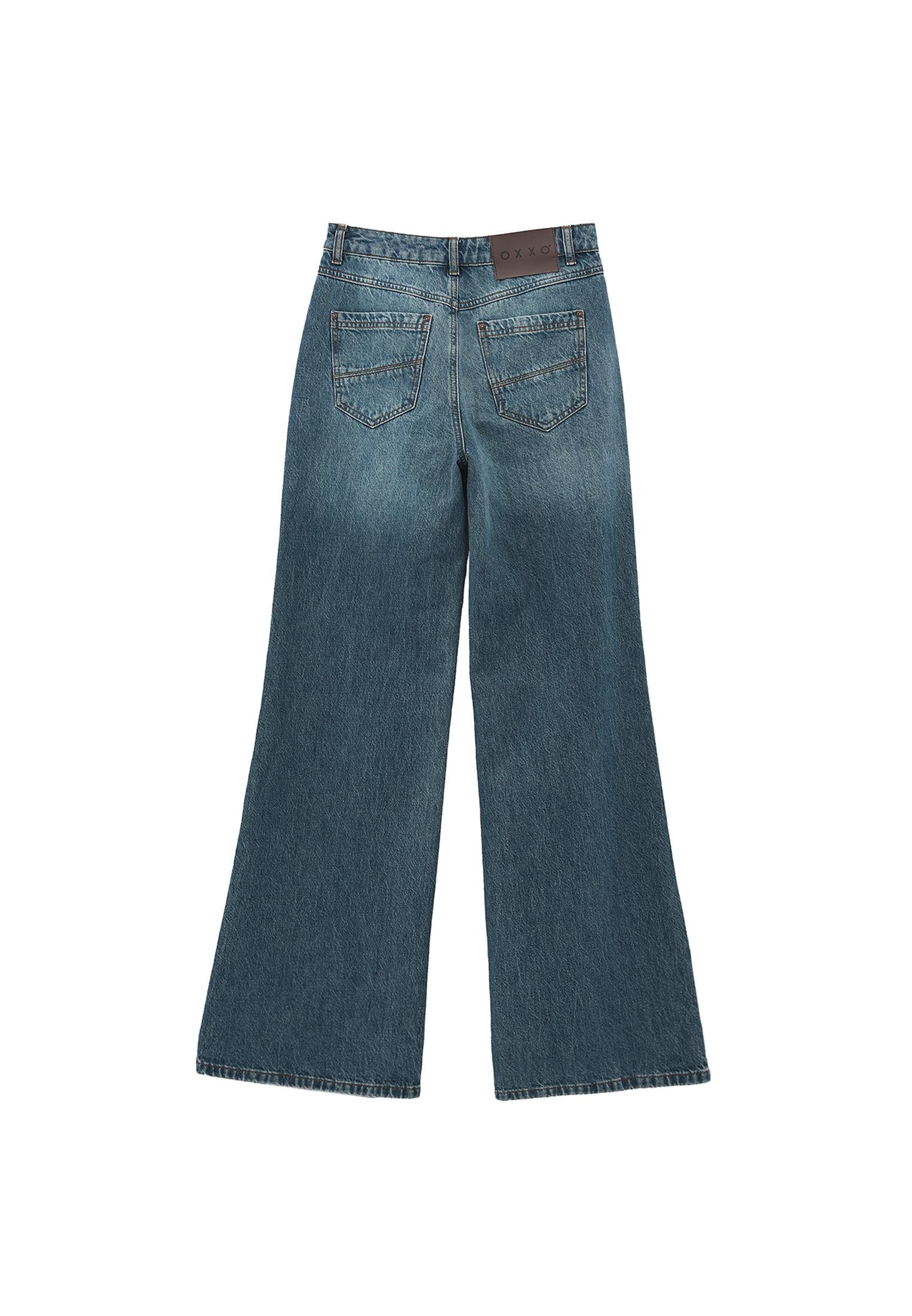 Trousers With Pockets High Waist Wide Leg - MID GREEN DENIM
