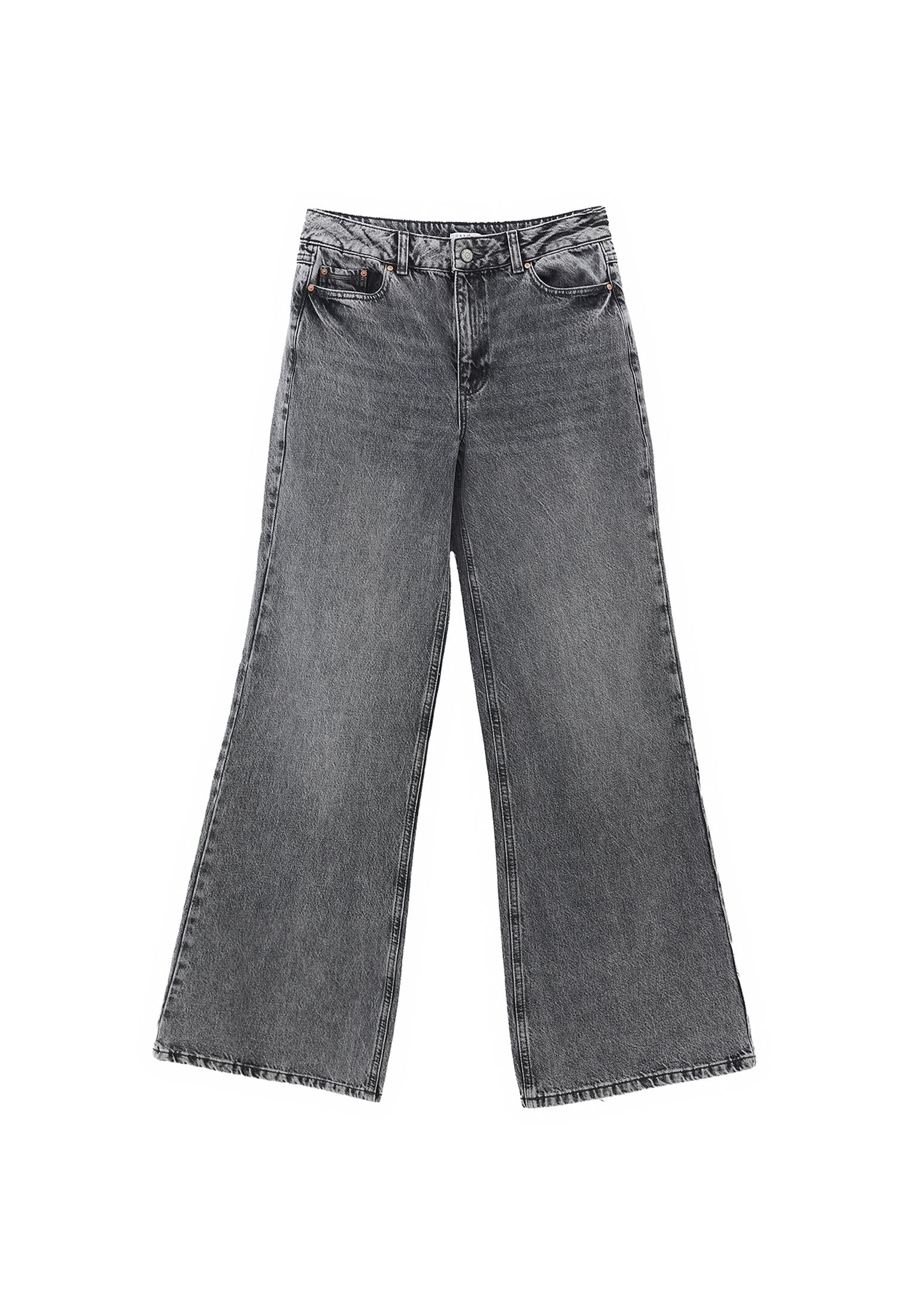Wide Leg High Waist Pocket Detailed Denim Pants - MID GREY DENIM
