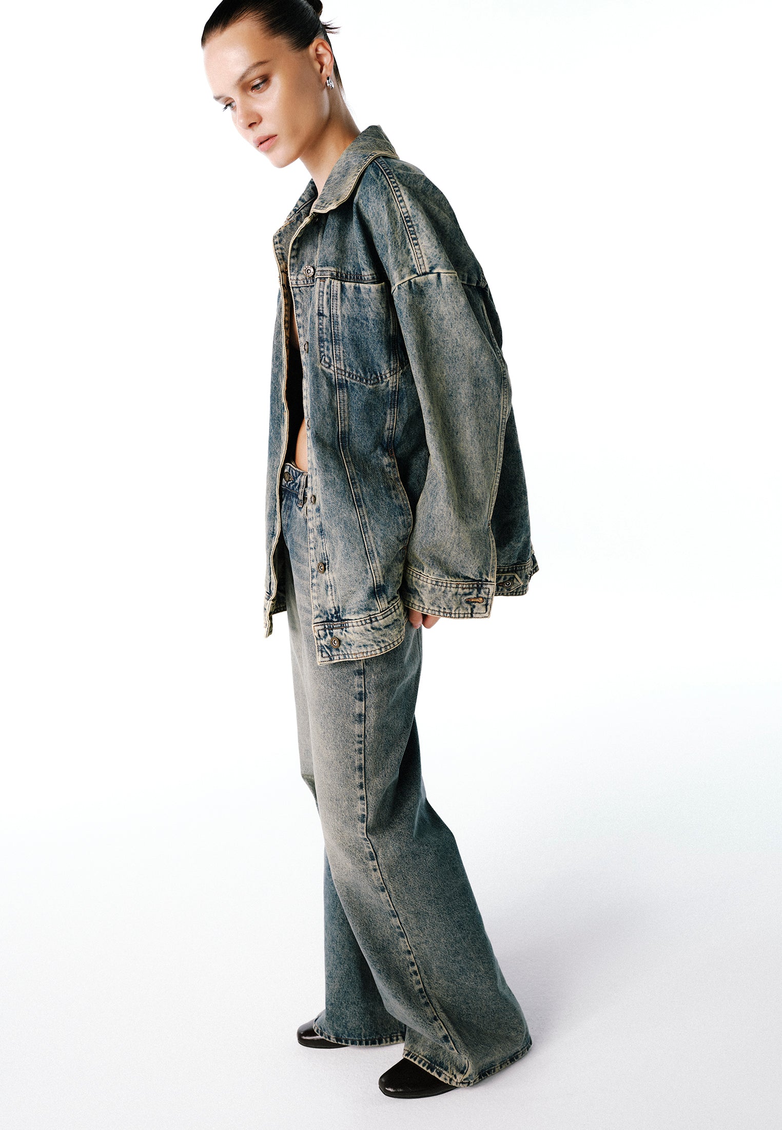 Oversize Tunic Denim Jacket - MID SAND DENIM