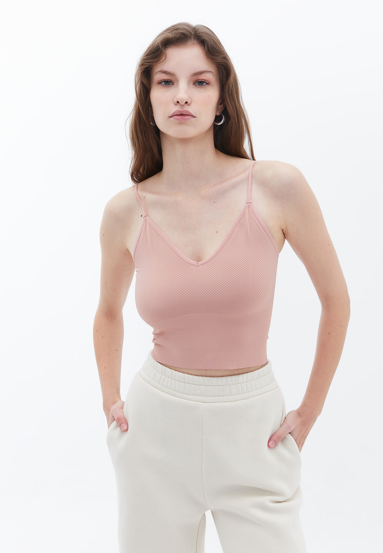 Jacquard Patterned V Neck Tank Top - MISTY ROSE