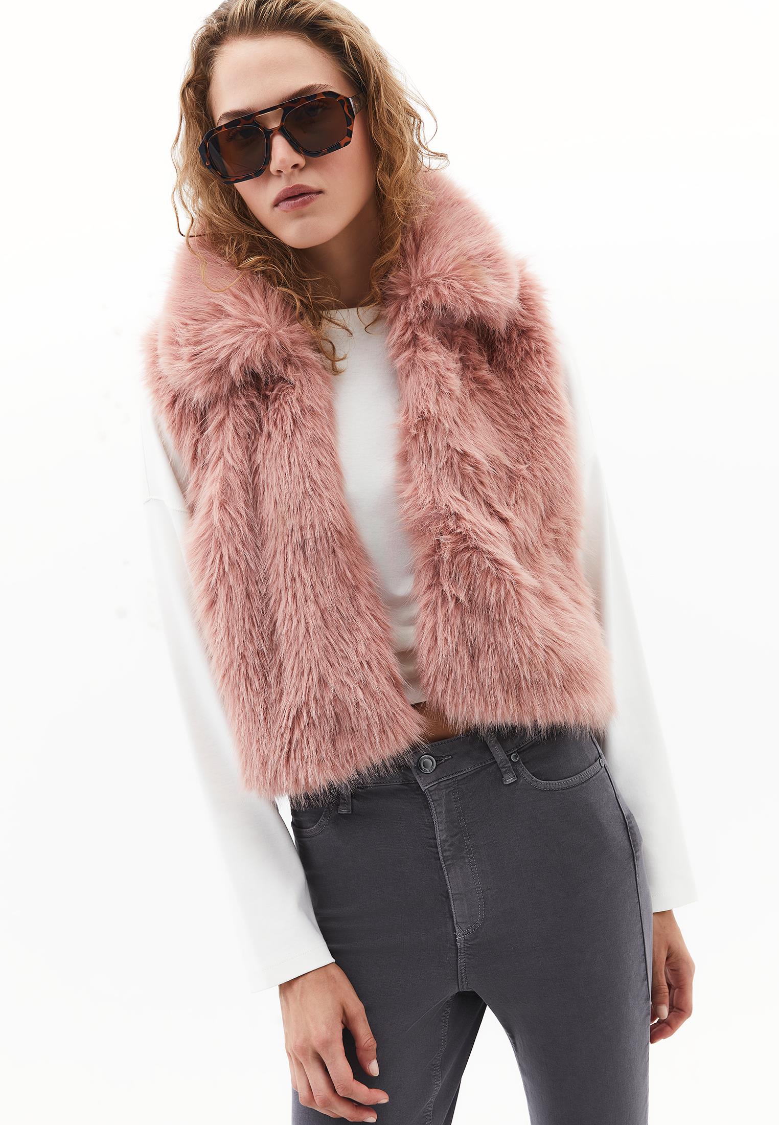 V Neck Faux Fur Vest - MISTY ROSE