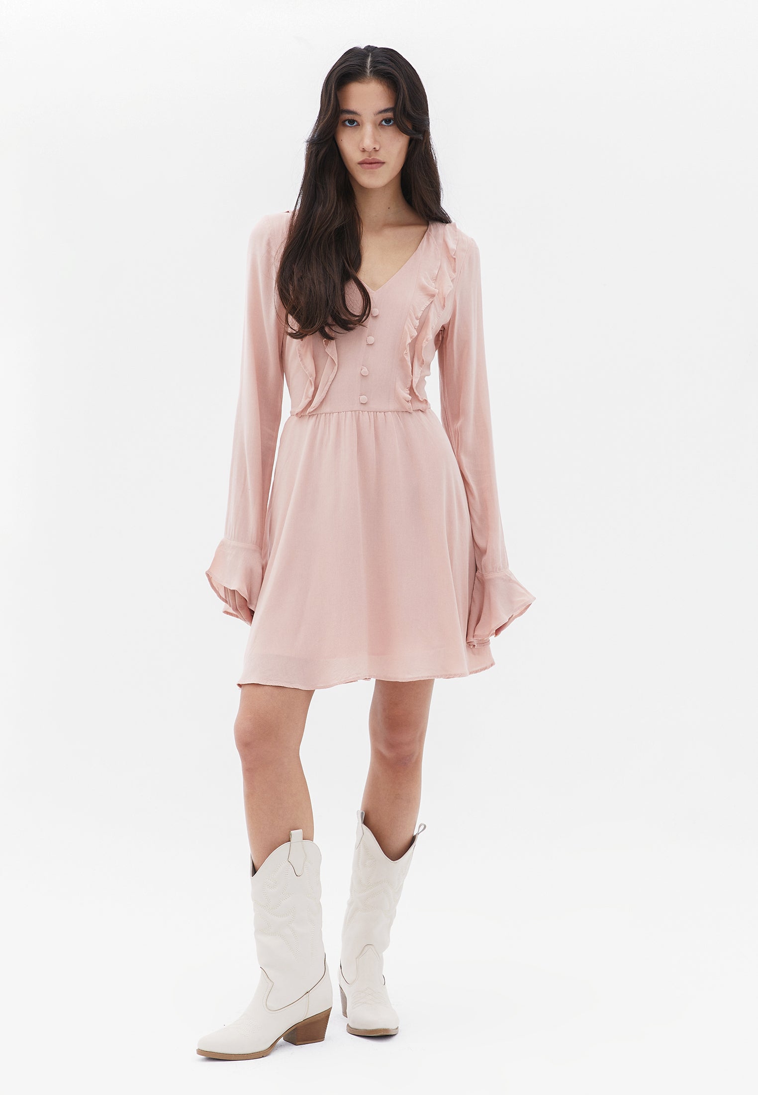 V-Neck Short Dress - MISTY ROSE