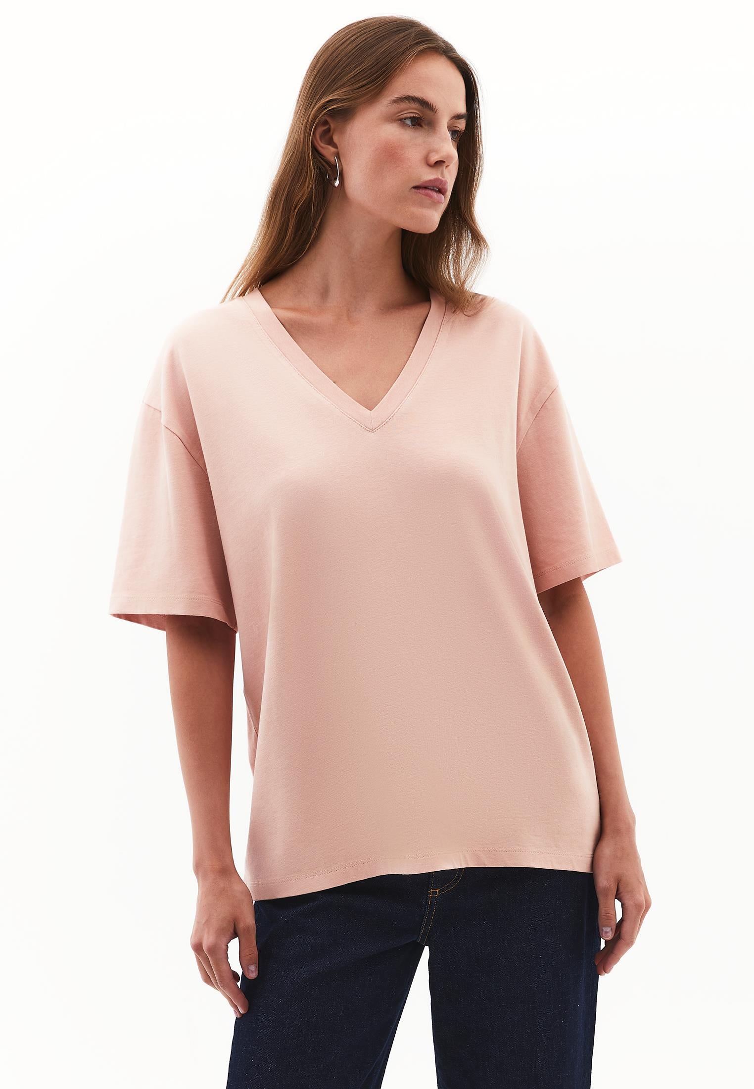 V Neck Boyfriend T-Shirt - MISTY ROSE
