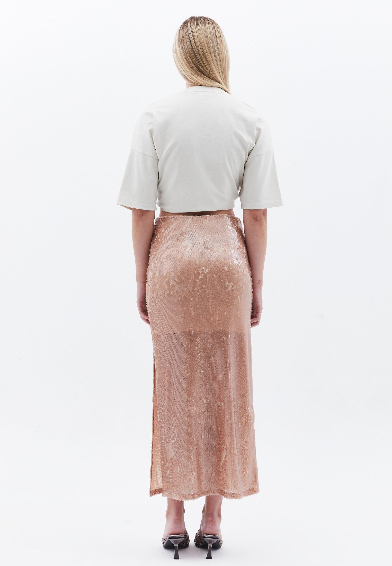 Ultra High Waist Sequin And Shiny Midi Skirt - MISTY ROSE