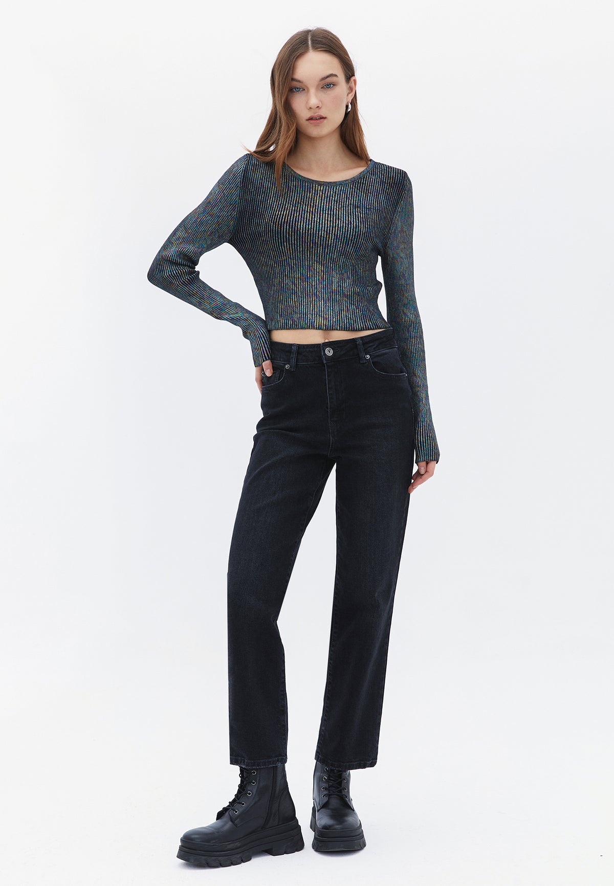 Crew Neck Raglan Sleeve Cropped Sweater - MIX COLOR