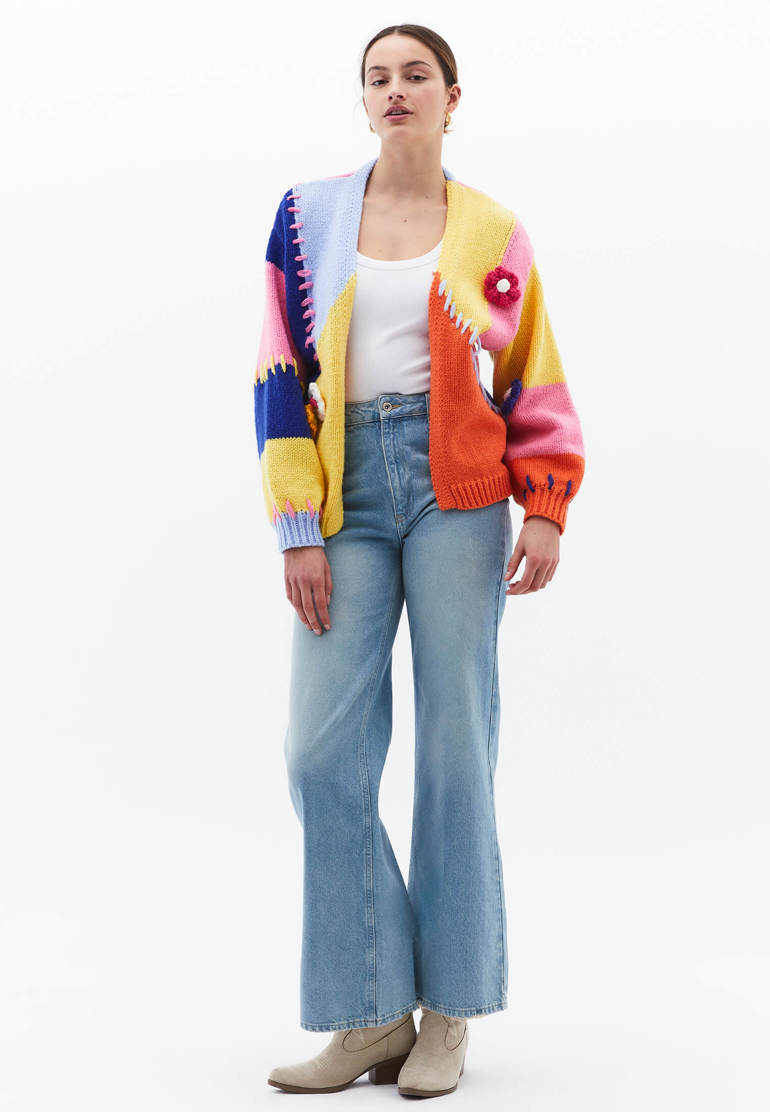 Knitted Detailed Long Sleeve Women's Cardigan - MIX COLOR