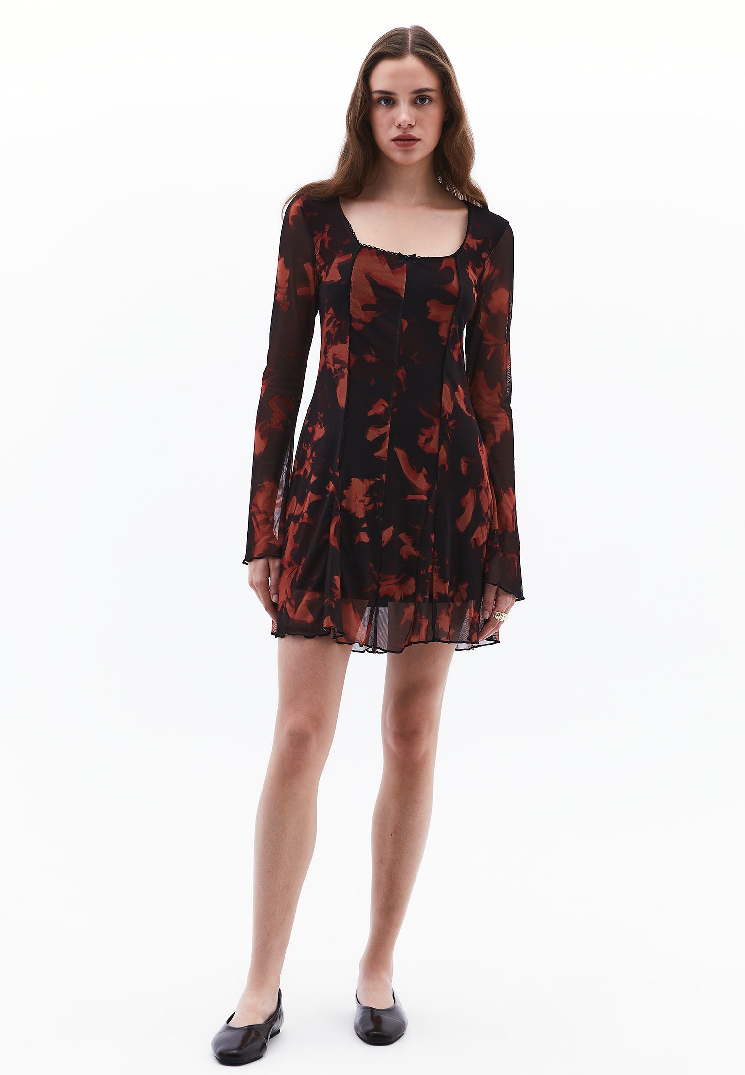 Square Neck Flared Long Sleeve Dress - MIX COMB