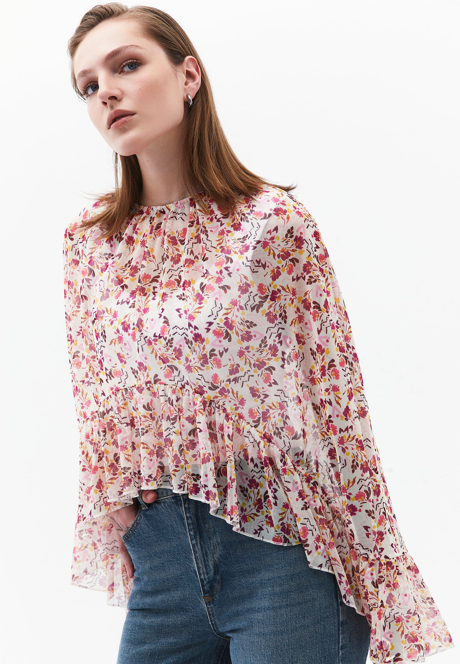 Kimono With Ruffle Details And Bateau Neck - MIX COMB