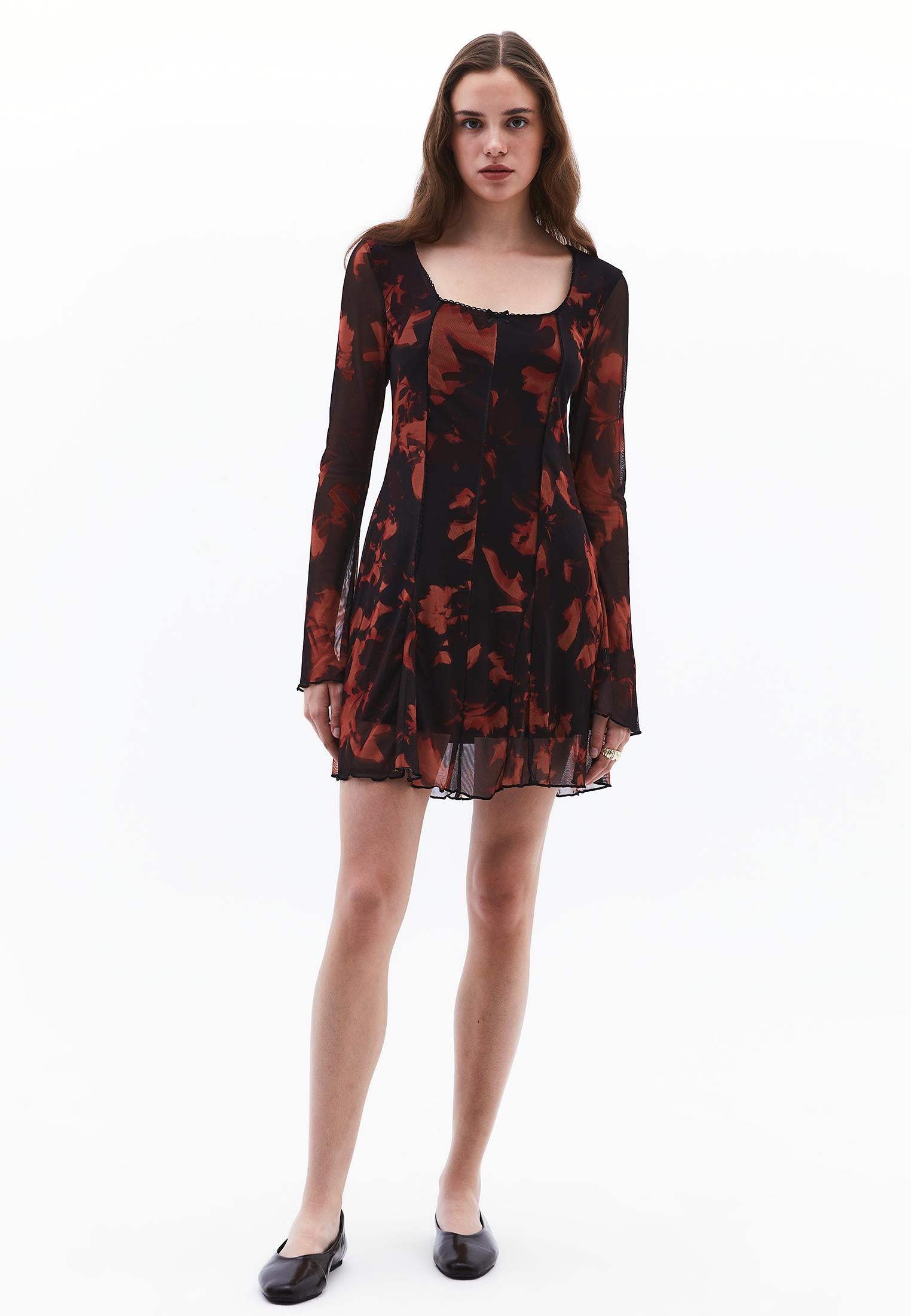 Square Neck Flared Long Sleeve Dress - MIX COMB