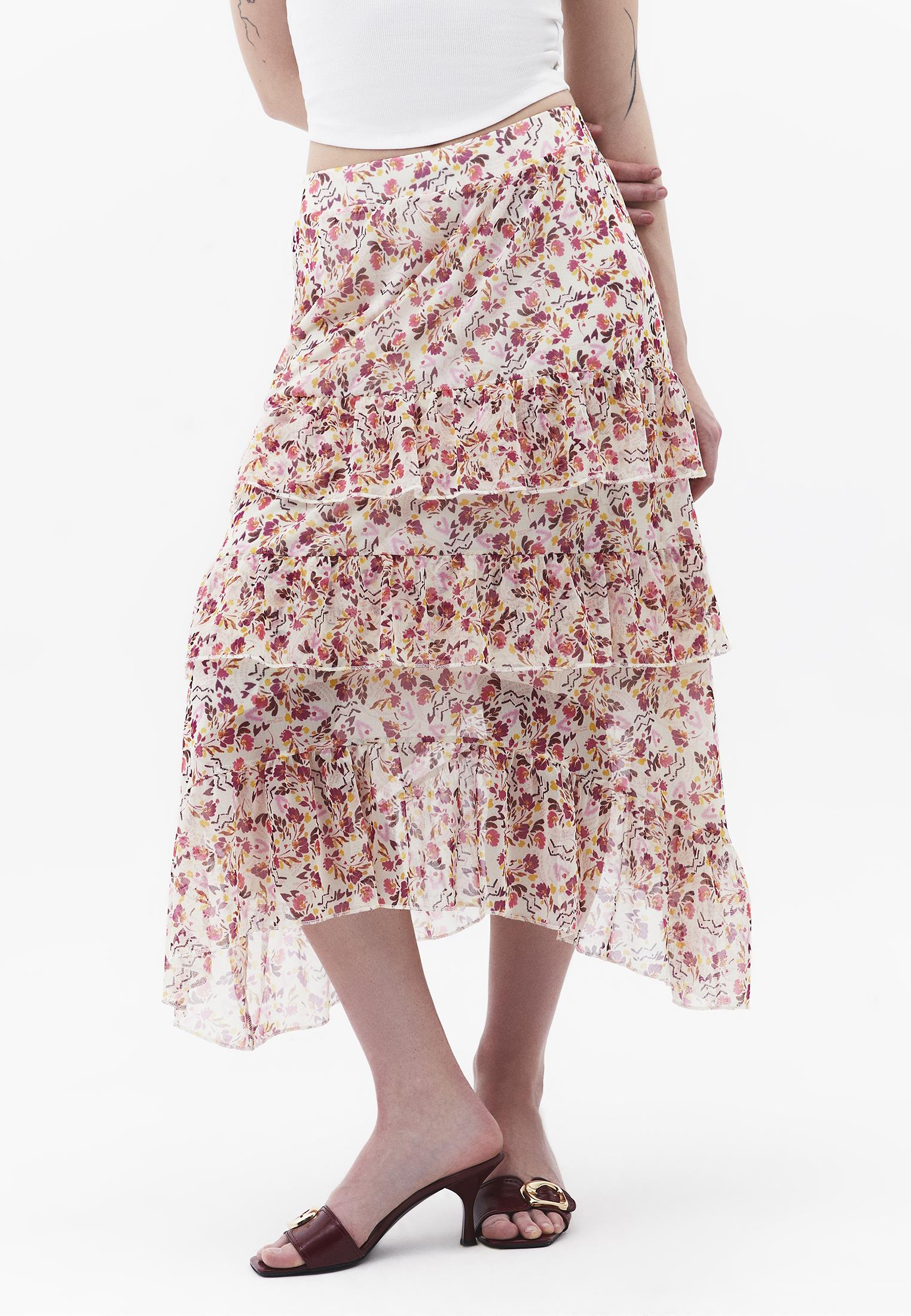 Long High Waist Printed Ruffled Skirt - MIX COMB