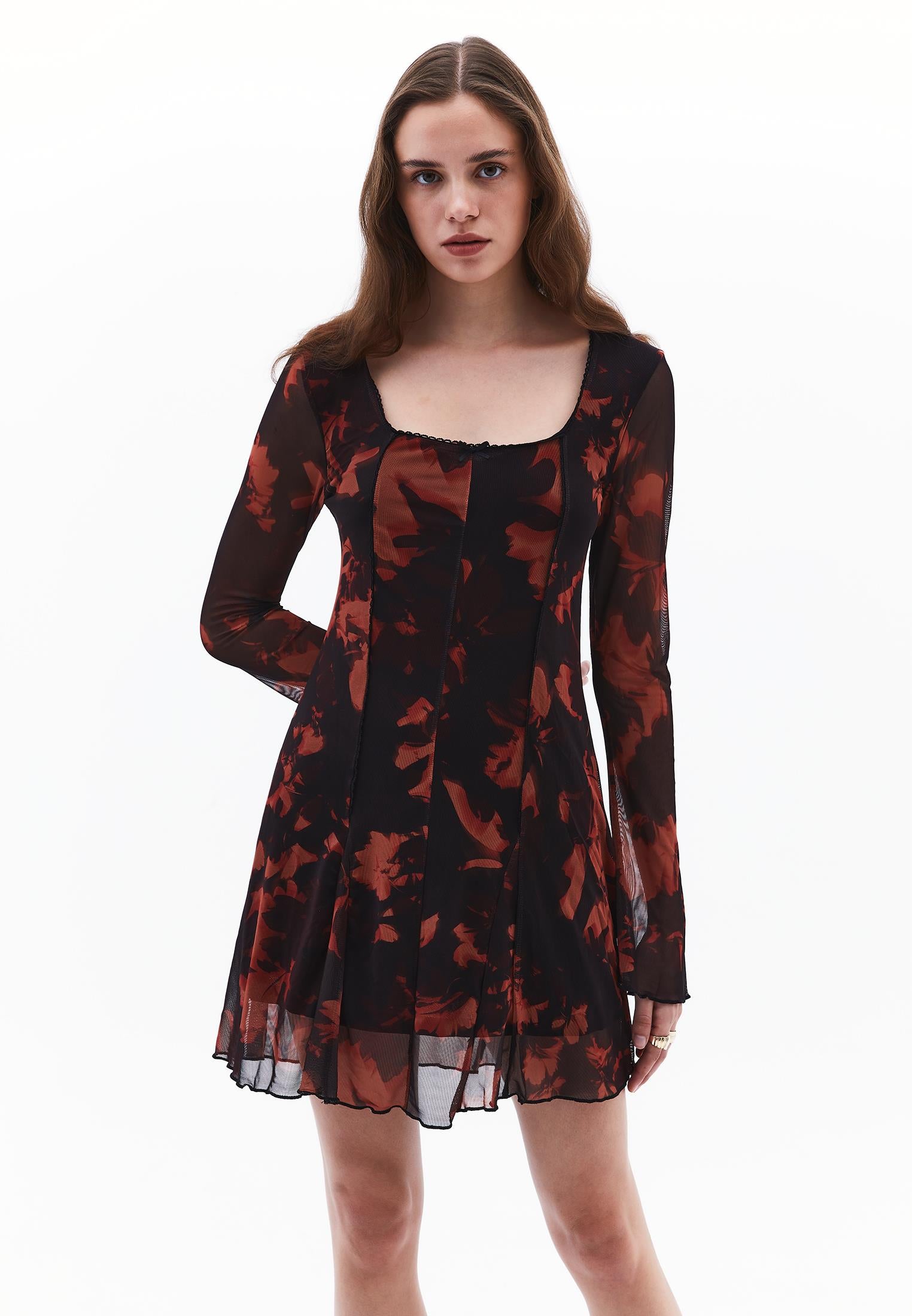 Square Neck Flared Long Sleeve Dress - MIX COMB