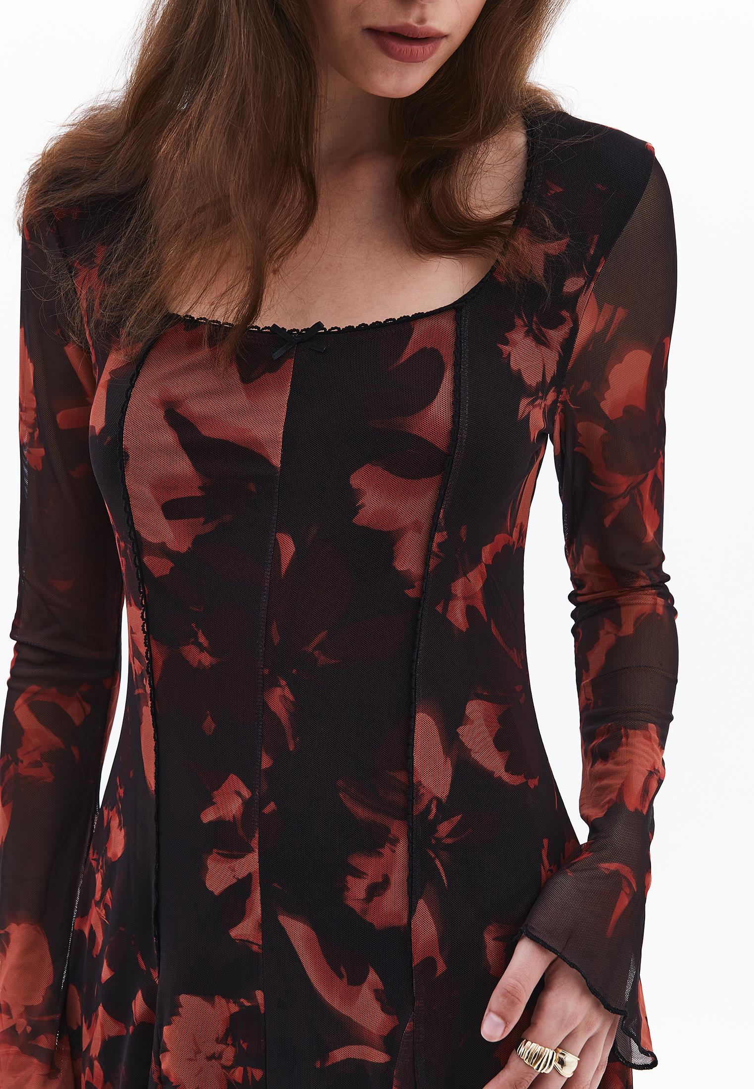 Square Neck Flared Long Sleeve Dress - MIX COMB