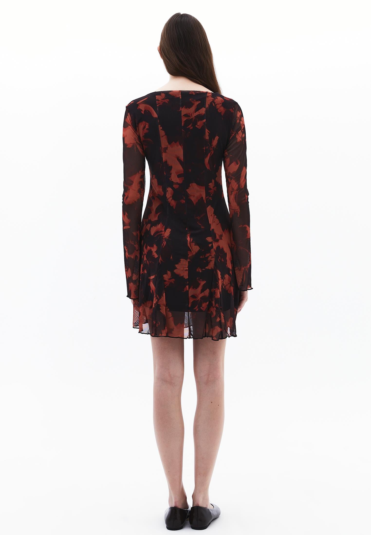 Square Neck Flared Long Sleeve Dress - MIX COMB