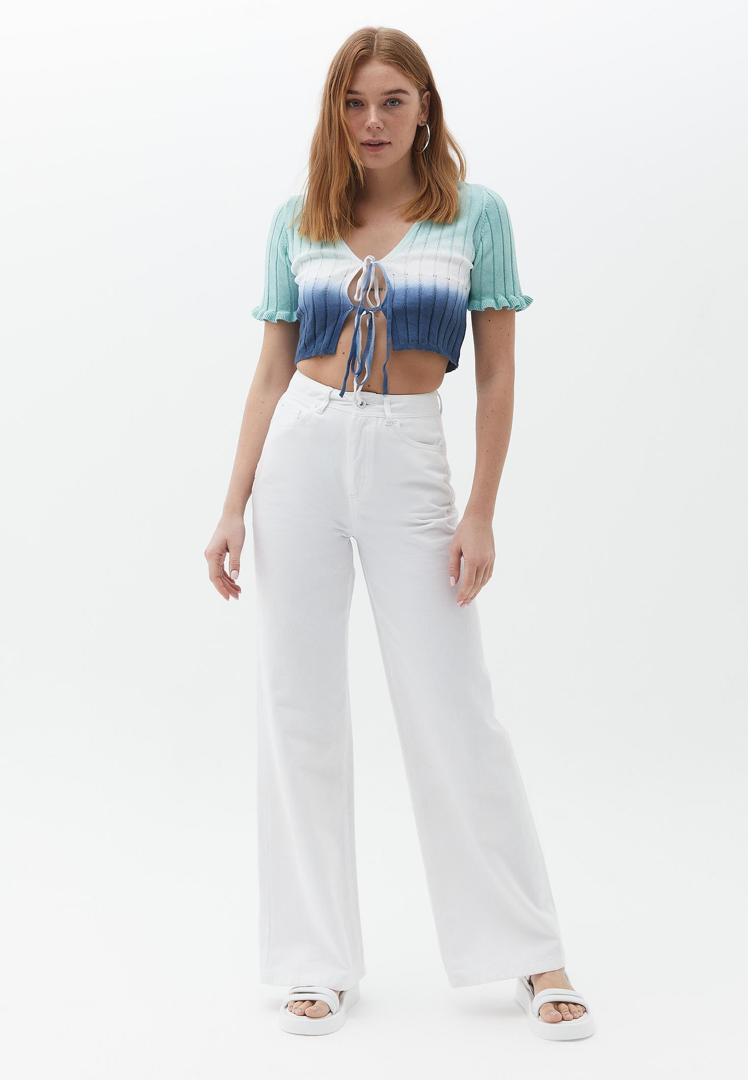 V Neck Raglan Sleeve Short Sleeved Cropped Cardigan - MIX WASH
