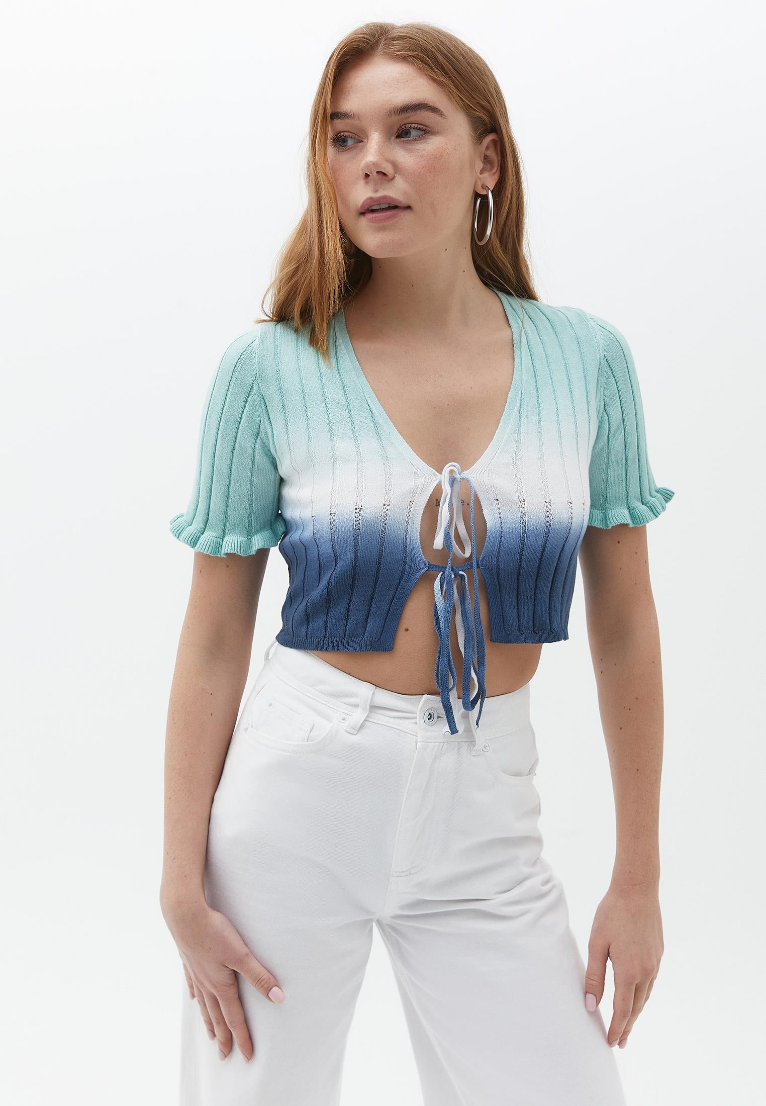 V Neck Raglan Sleeve Short Sleeved Cropped Cardigan - MIX WASH