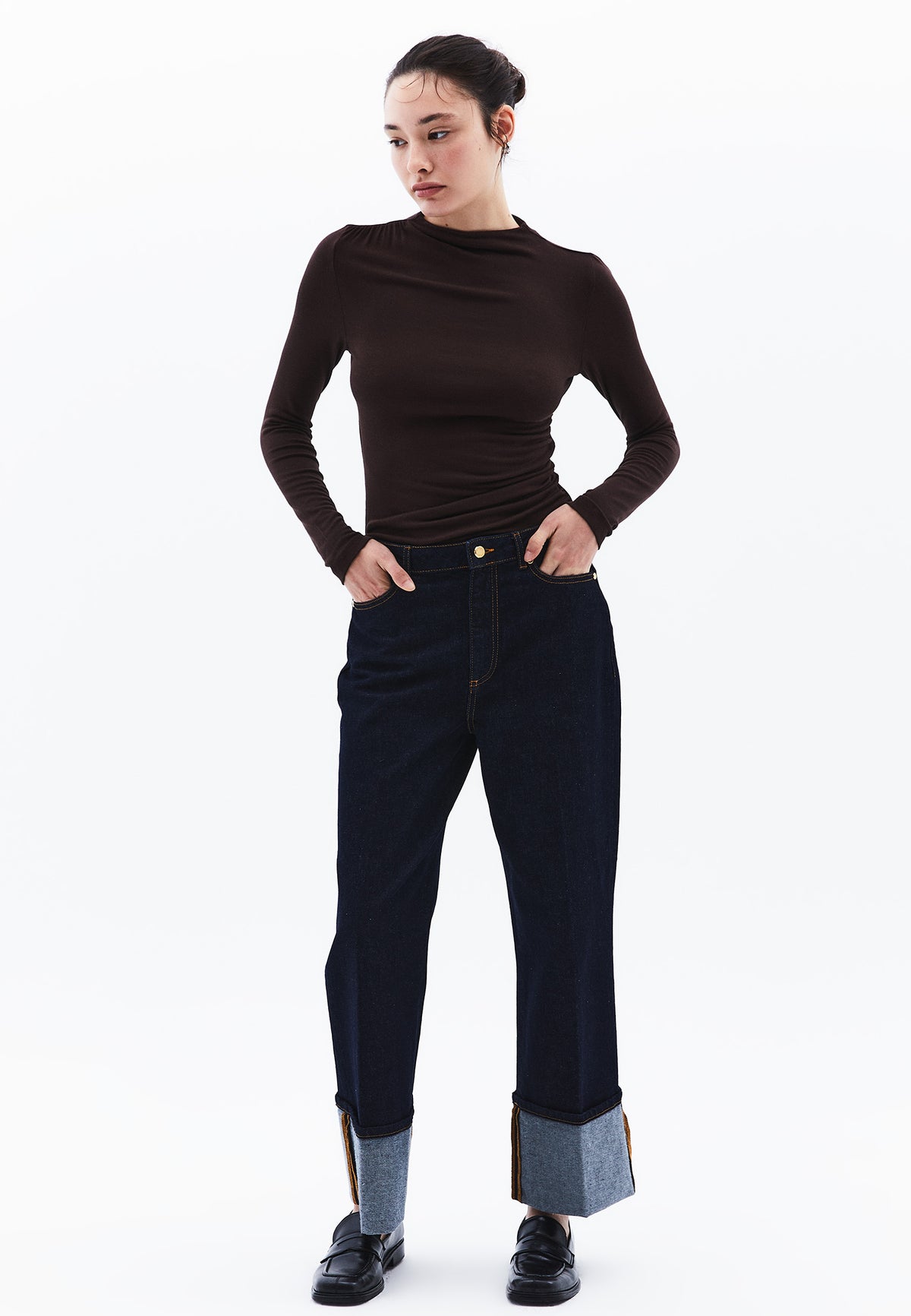 Ruched Long Sleeve High Neck Bodycon T-Shirt - MOLE