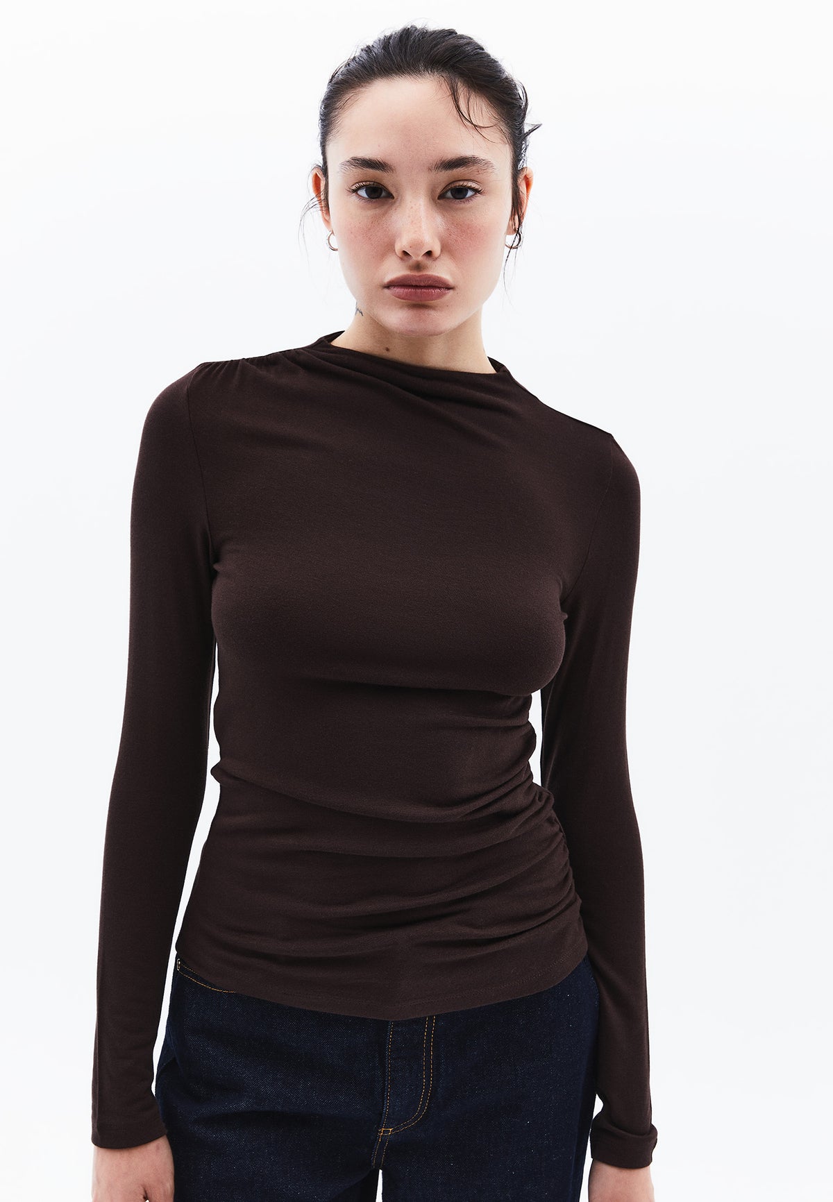 Ruched Long Sleeve High Neck Bodycon T-Shirt - MOLE