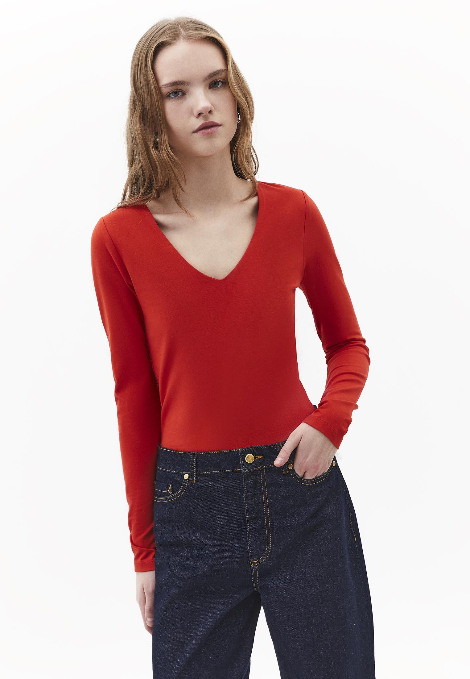 V Neck Long Sleeve Bodycon T-Shirt - MOLTEN LAVA