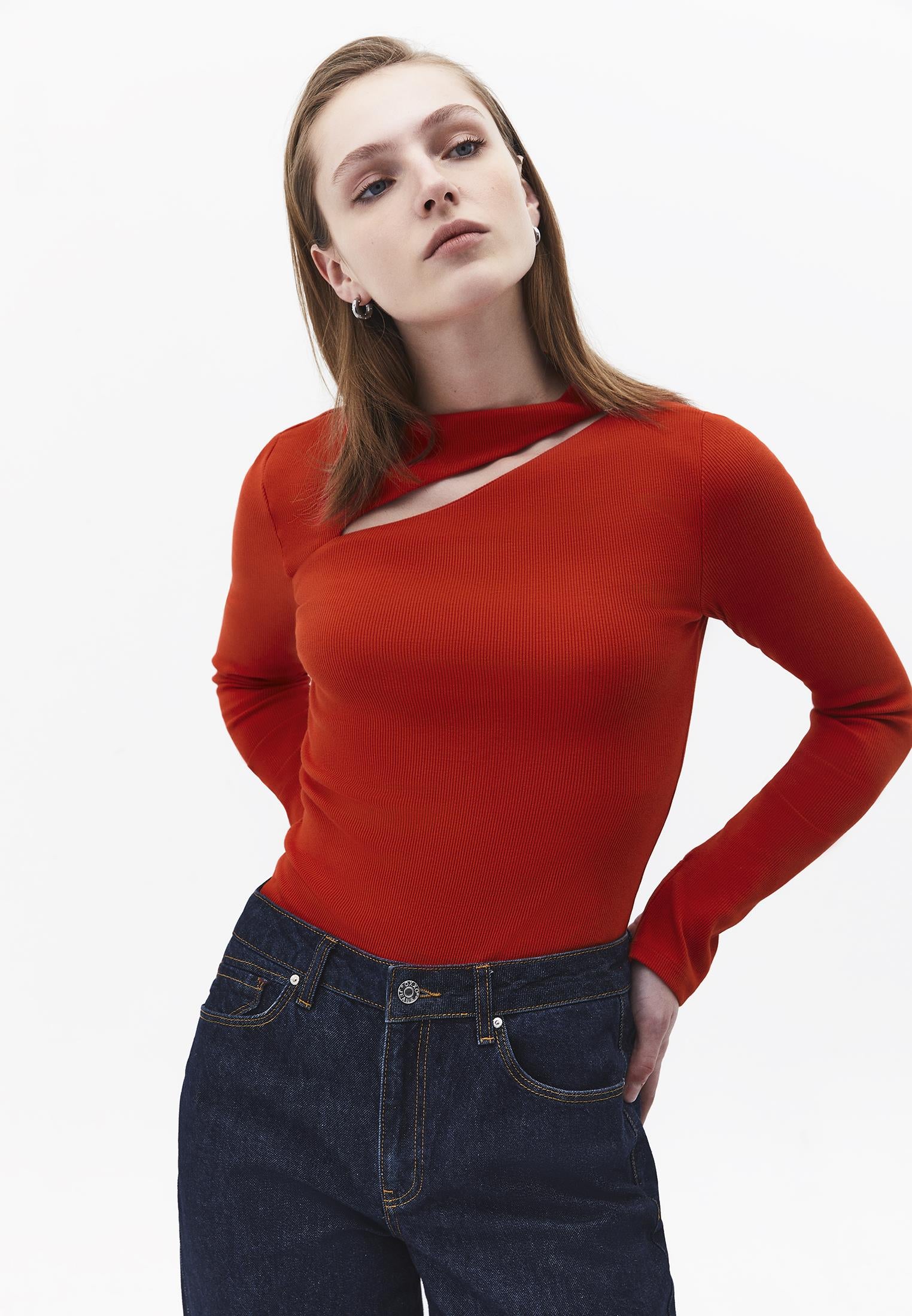 Asymmetric Cutout Long Sleeve Bodycon T-Shirt - MOLTEN LAVA