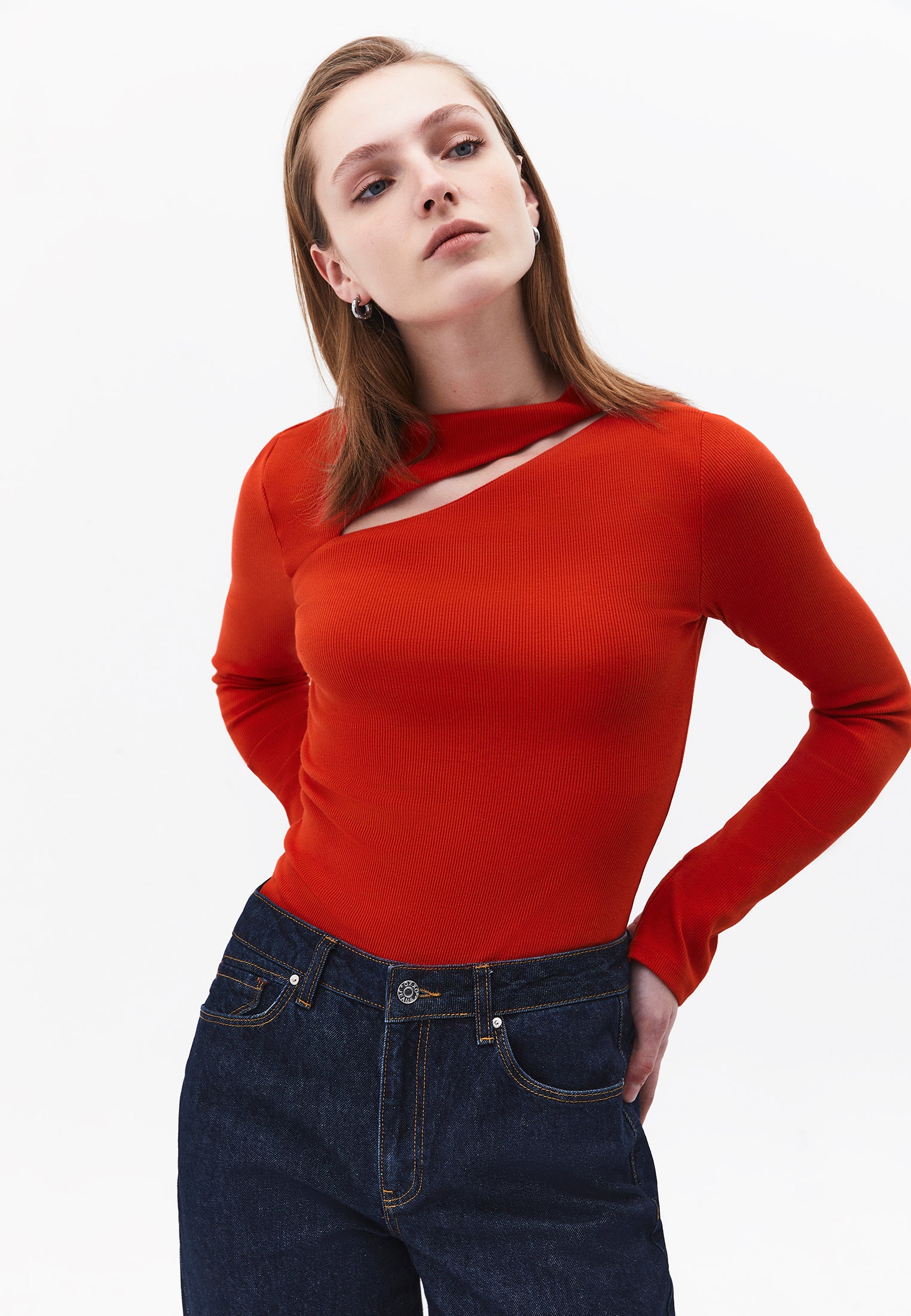 Asymmetric Cutout Long Sleeve Bodycon T-Shirt - MOLTEN LAVA