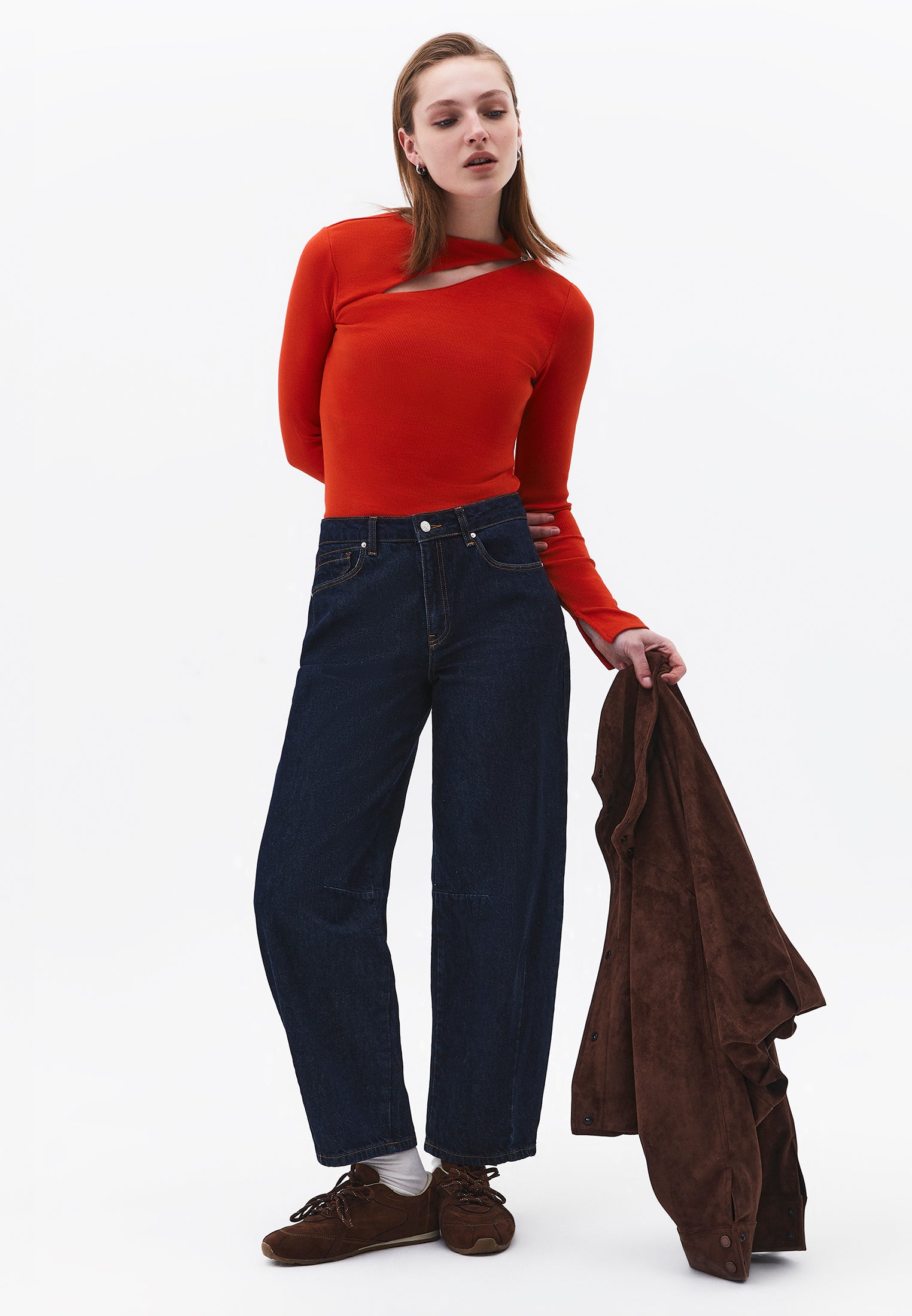 Asymmetric Cutout Long Sleeve Bodycon T-Shirt - MOLTEN LAVA
