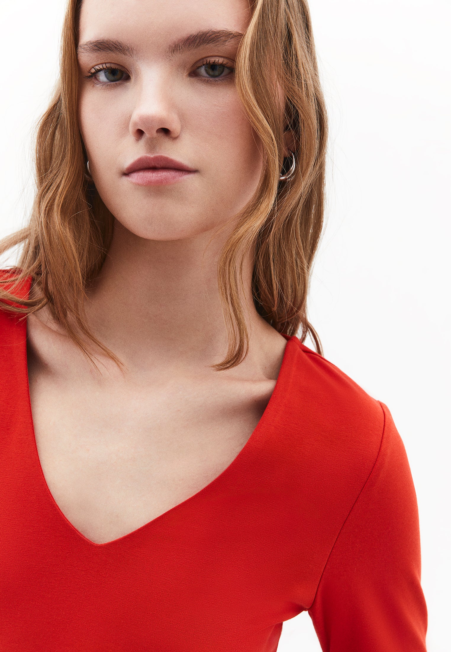 V Neck Long Sleeve Bodycon T-Shirt - MOLTEN LAVA