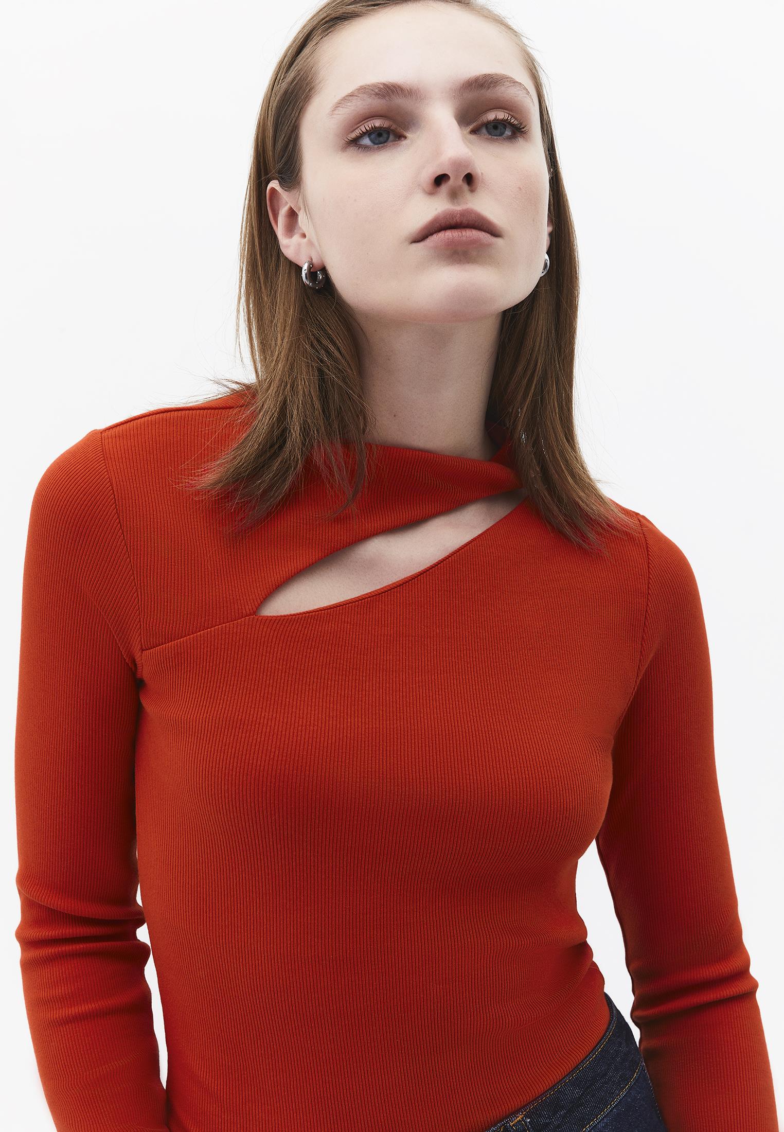Asymmetric Cutout Long Sleeve Bodycon T-Shirt - MOLTEN LAVA