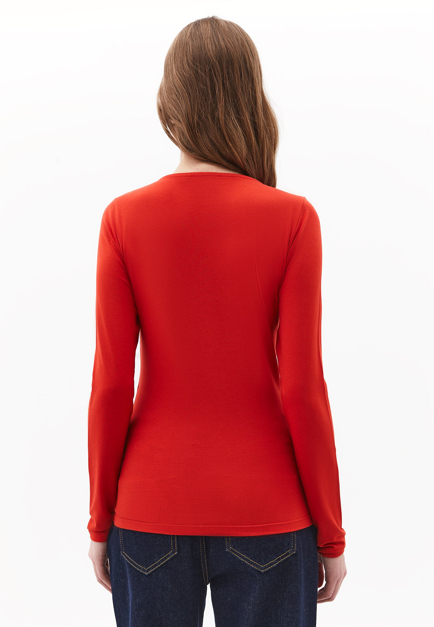 V Neck Long Sleeve Bodycon T-Shirt - MOLTEN LAVA