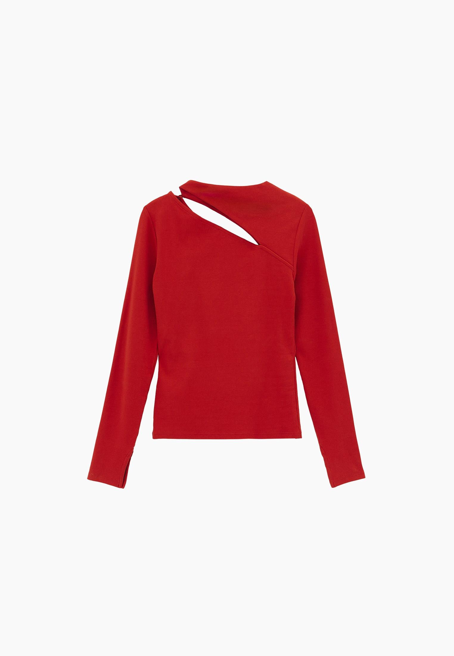 Asymmetric Cutout Long Sleeve Bodycon T-Shirt - MOLTEN LAVA