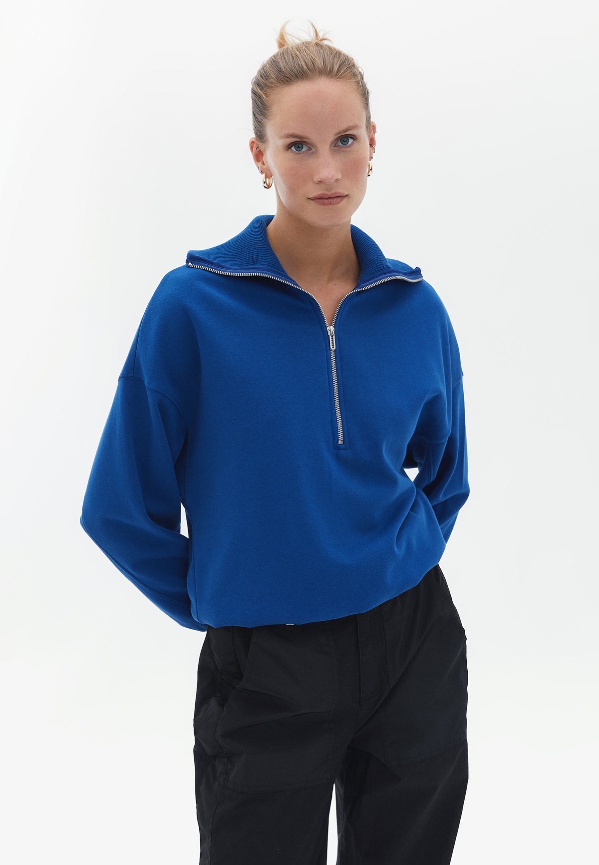 High Neck Zipped Straight Cut Sweatshirt - MONACO BLUE