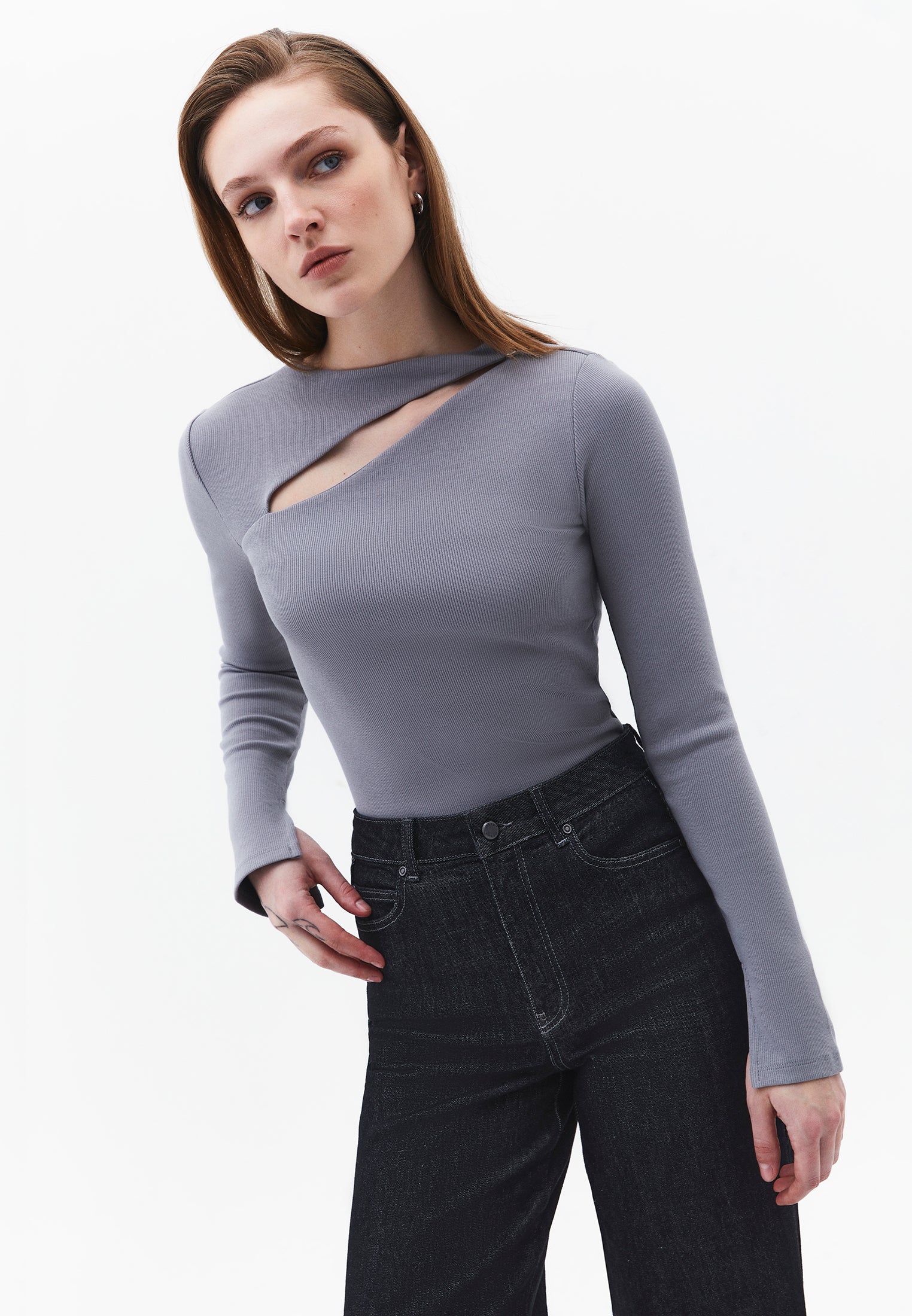 Asymmetric Cutout Long Sleeve Bodycon T-Shirt - MONUMENT
