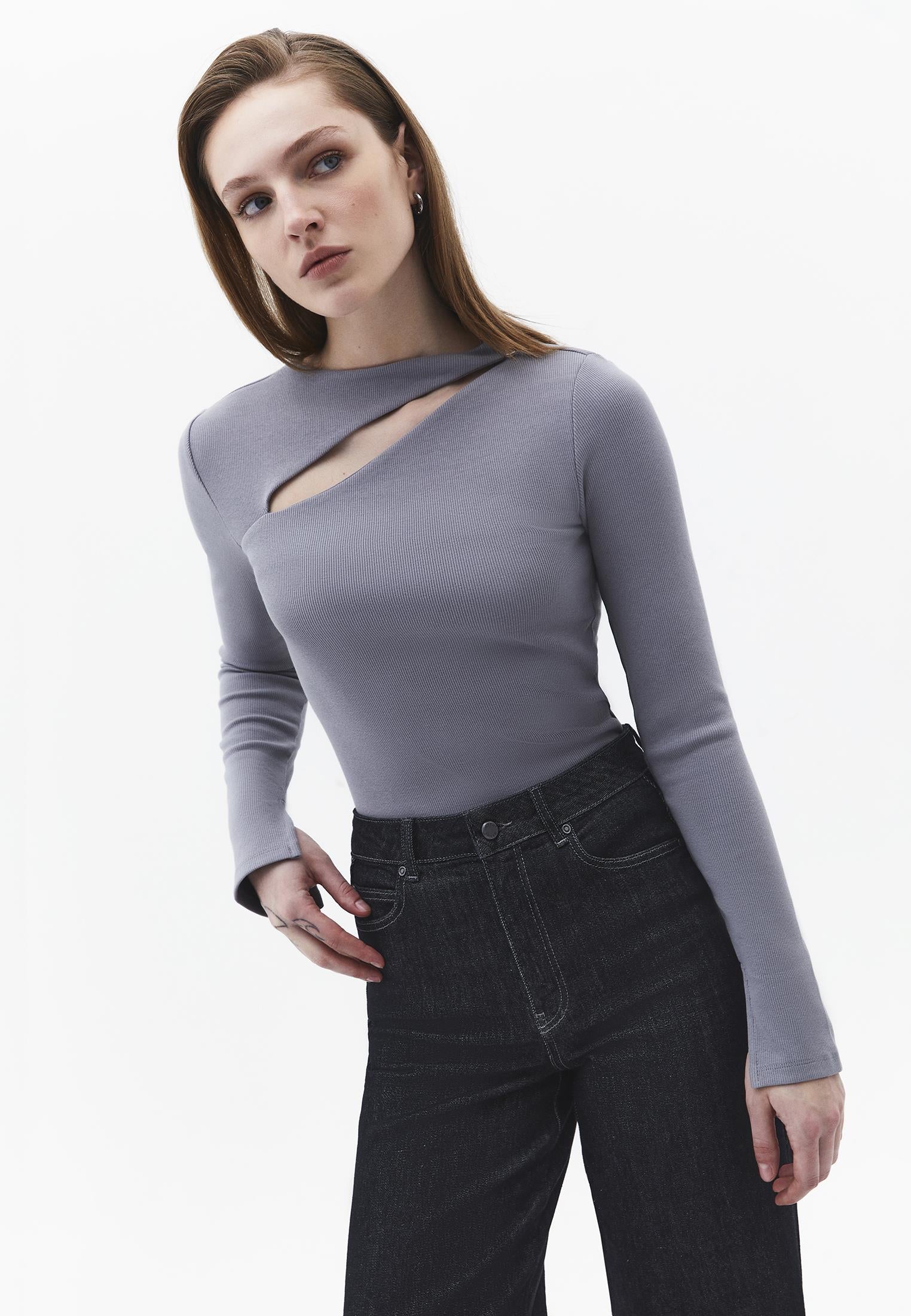 Asymmetric Cutout Long Sleeve Bodycon T-Shirt - MONUMENT