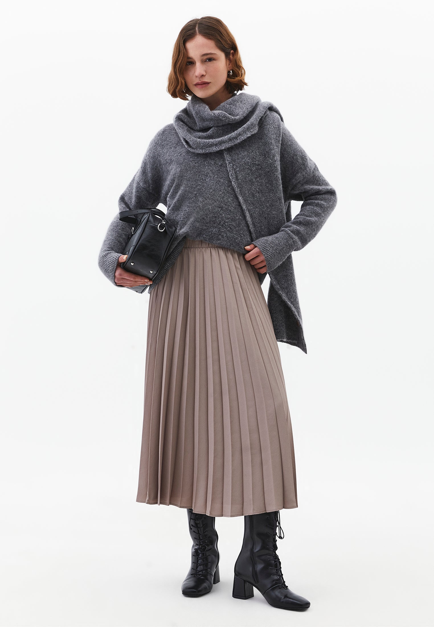 Elastic Waist Pleated Long A-Line Skirt - MOON ROCK