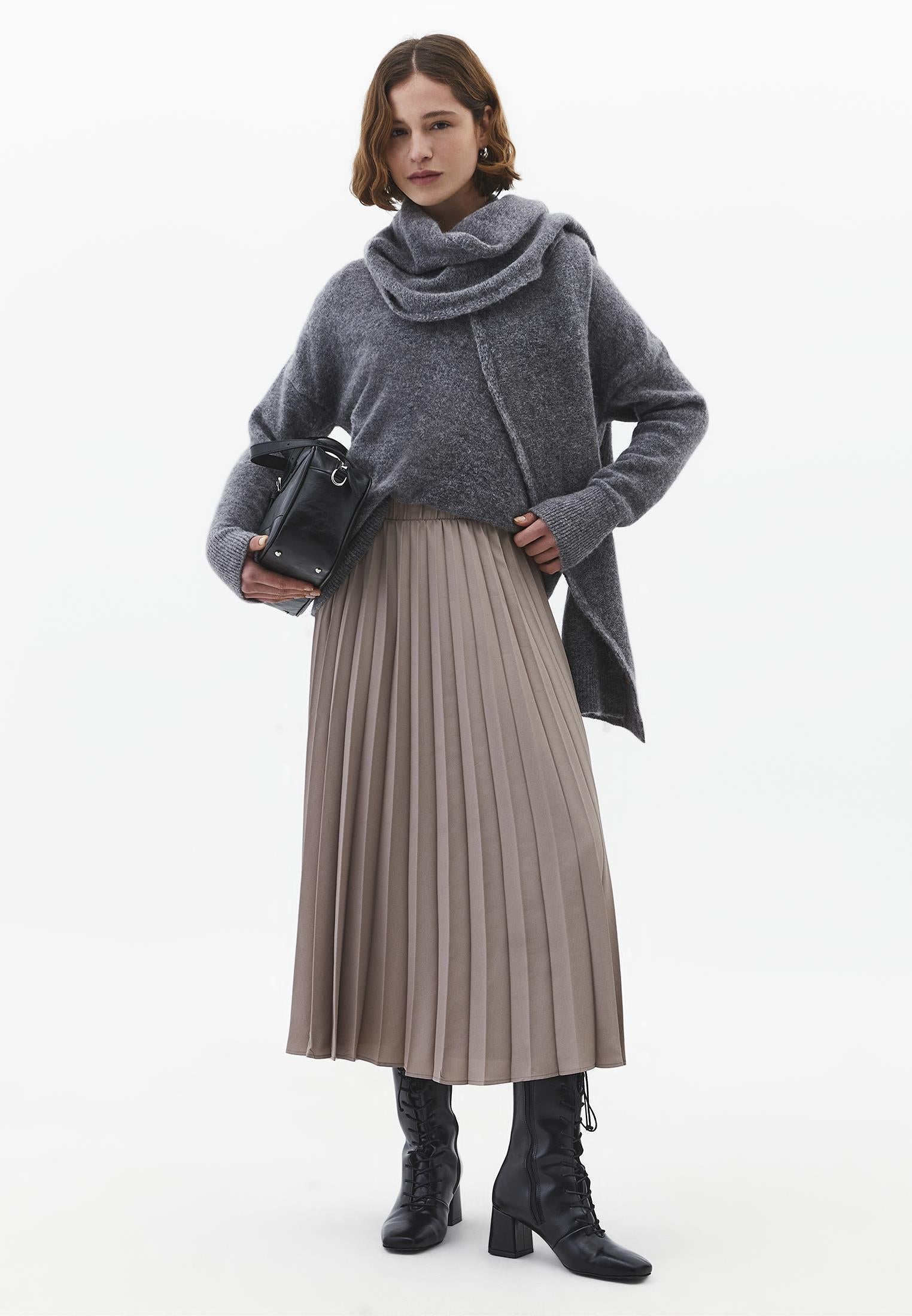 Elastic Waist Pleated Long A-Line Skirt - MOON ROCK