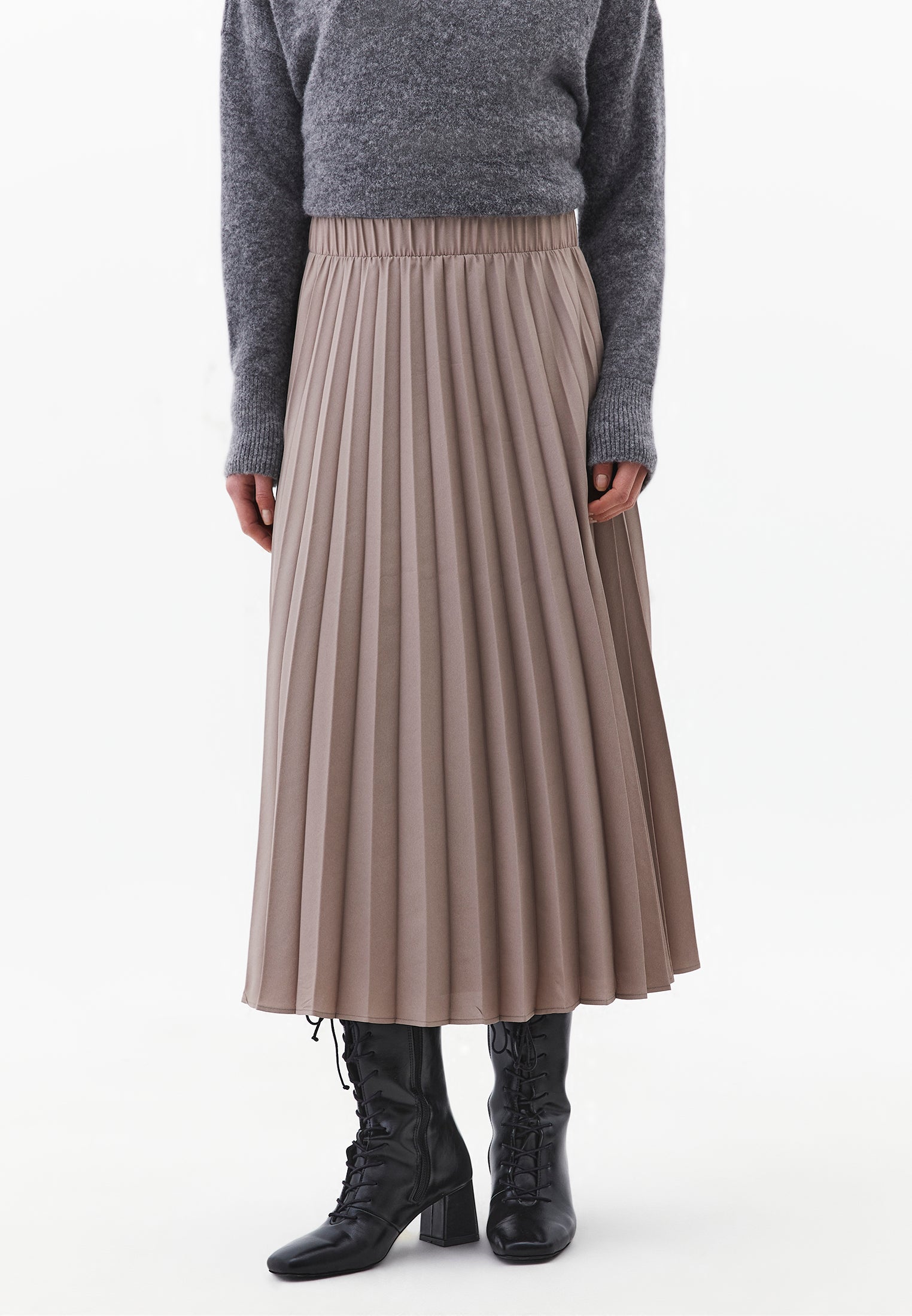 Elastic Waist Pleated Long A-Line Skirt - MOON ROCK